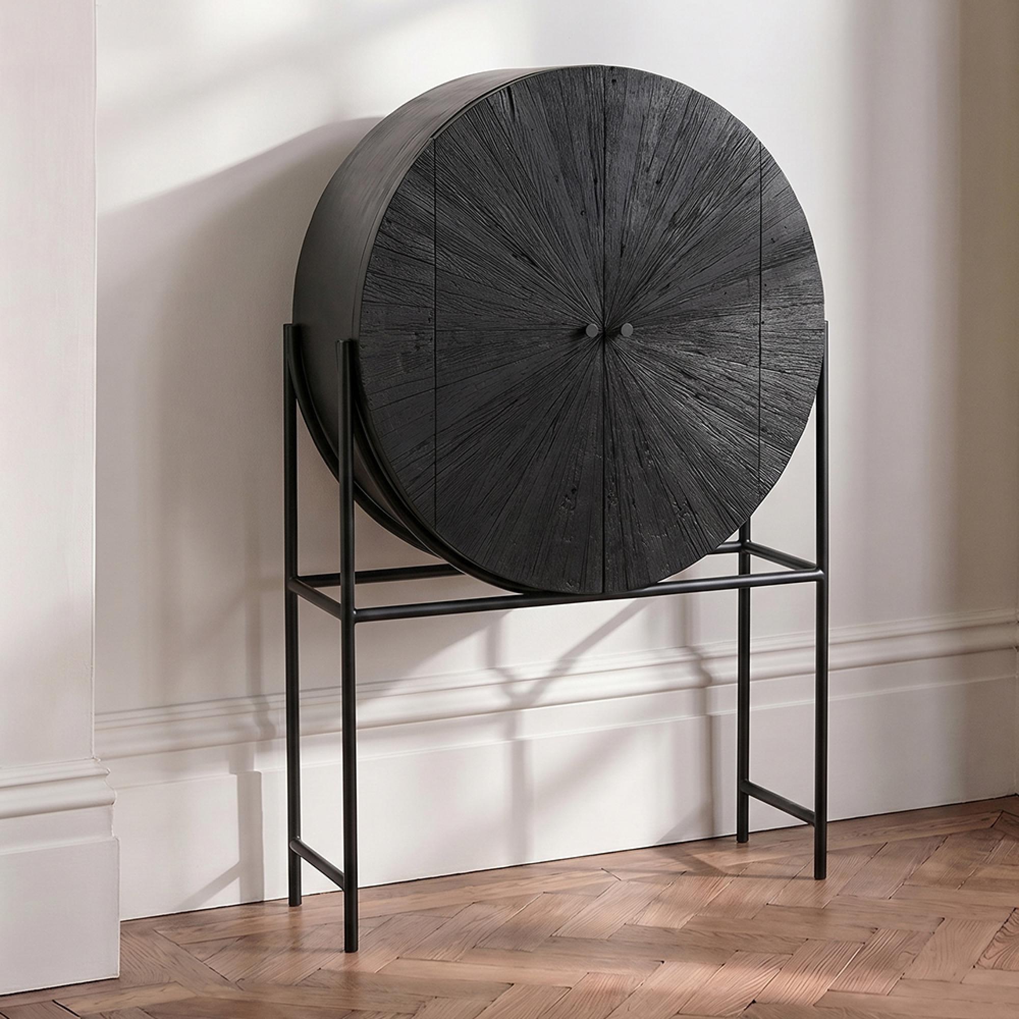 Shanil Bar Cabinet - 2 Door - Sunburst Desgin - Black - Recycled Sleeper Wood and Metal