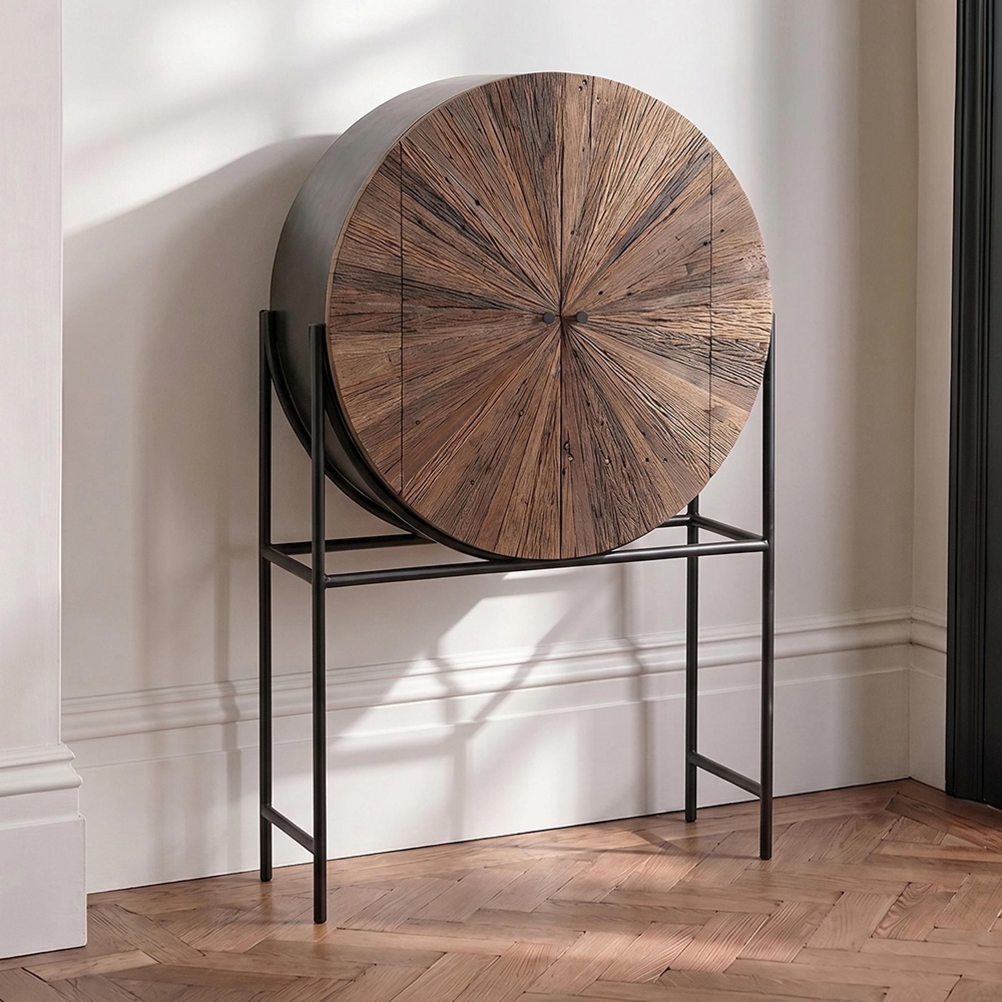 Shanil Bar Cabinet - 2 Door - Sunburst Desgin - Brown and Black - Recycled Sleeper Wood and Metal