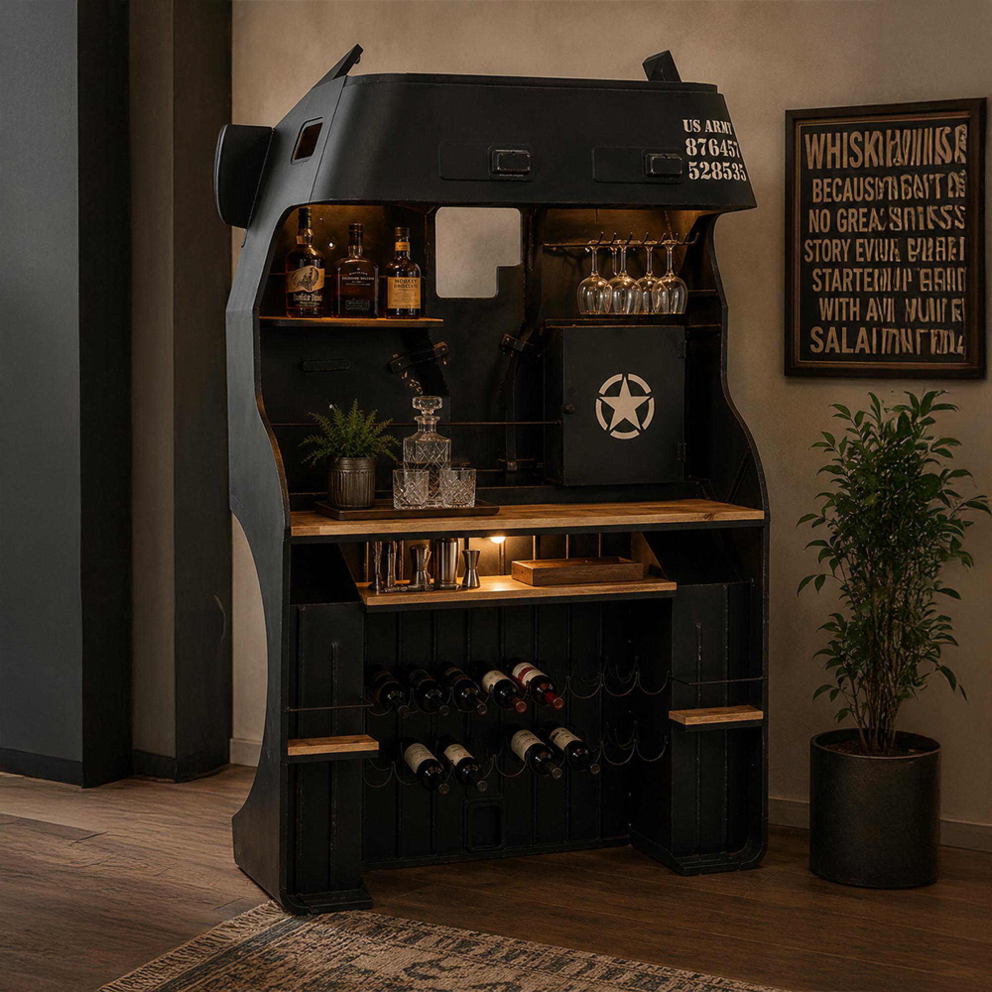 Truck Bar Cabinet - Black and Natural - Mango Wood and Metal
