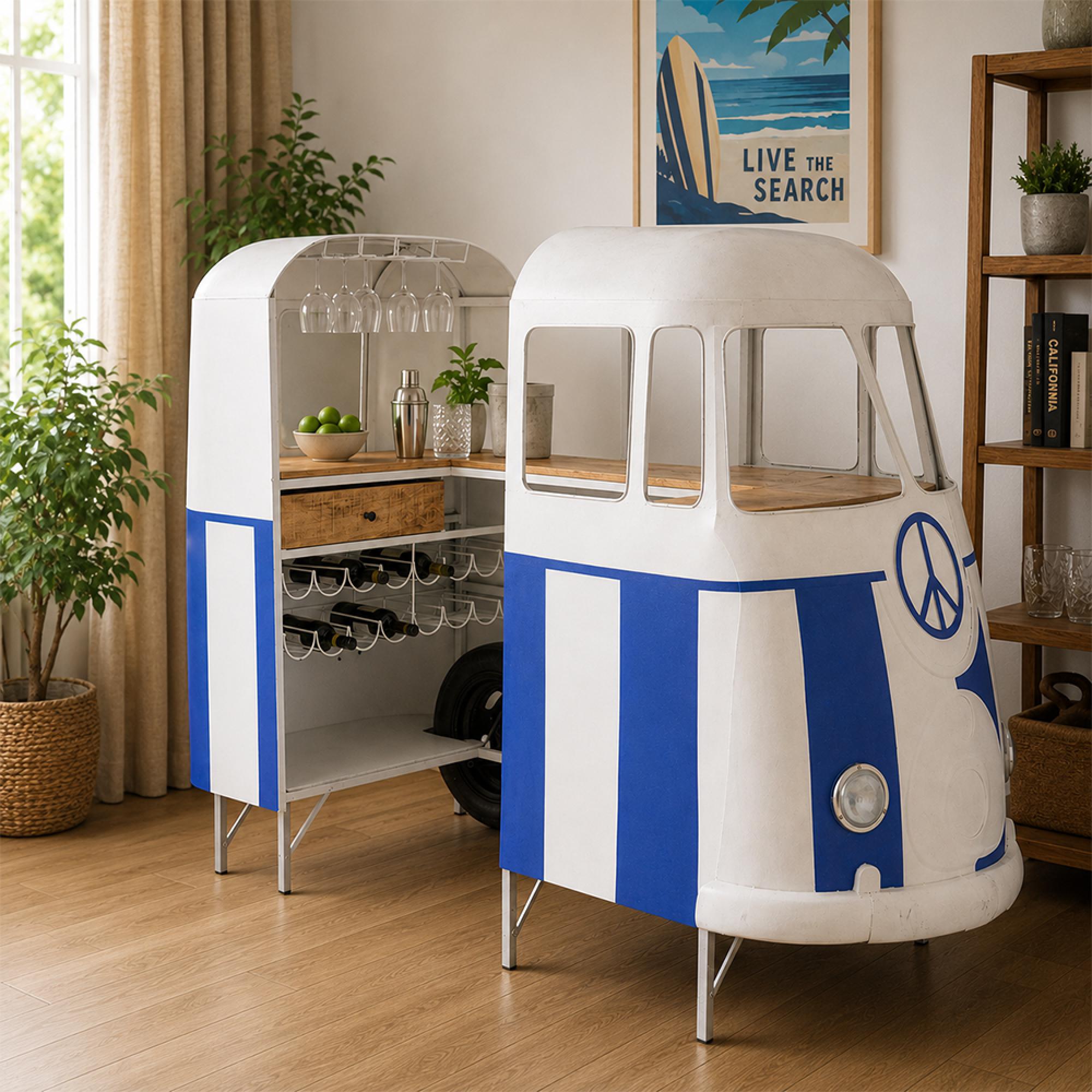 Van Bar Cabinet - 1 Drawer - Blue and White - Striped - Metal