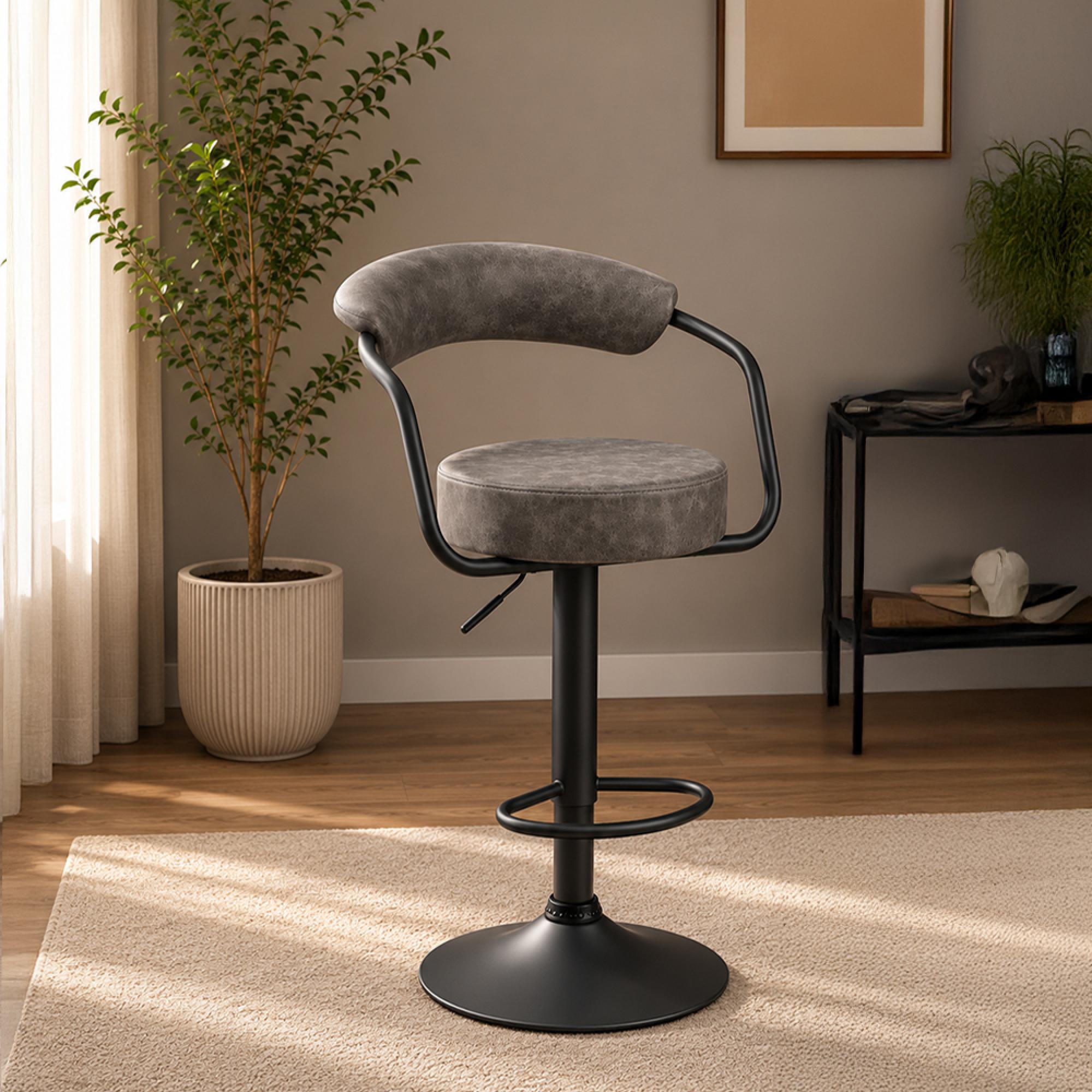 Hanna Barstool - Set of 2 - Adjustable Gas Lift - Grey and Black - Fabric and Metal