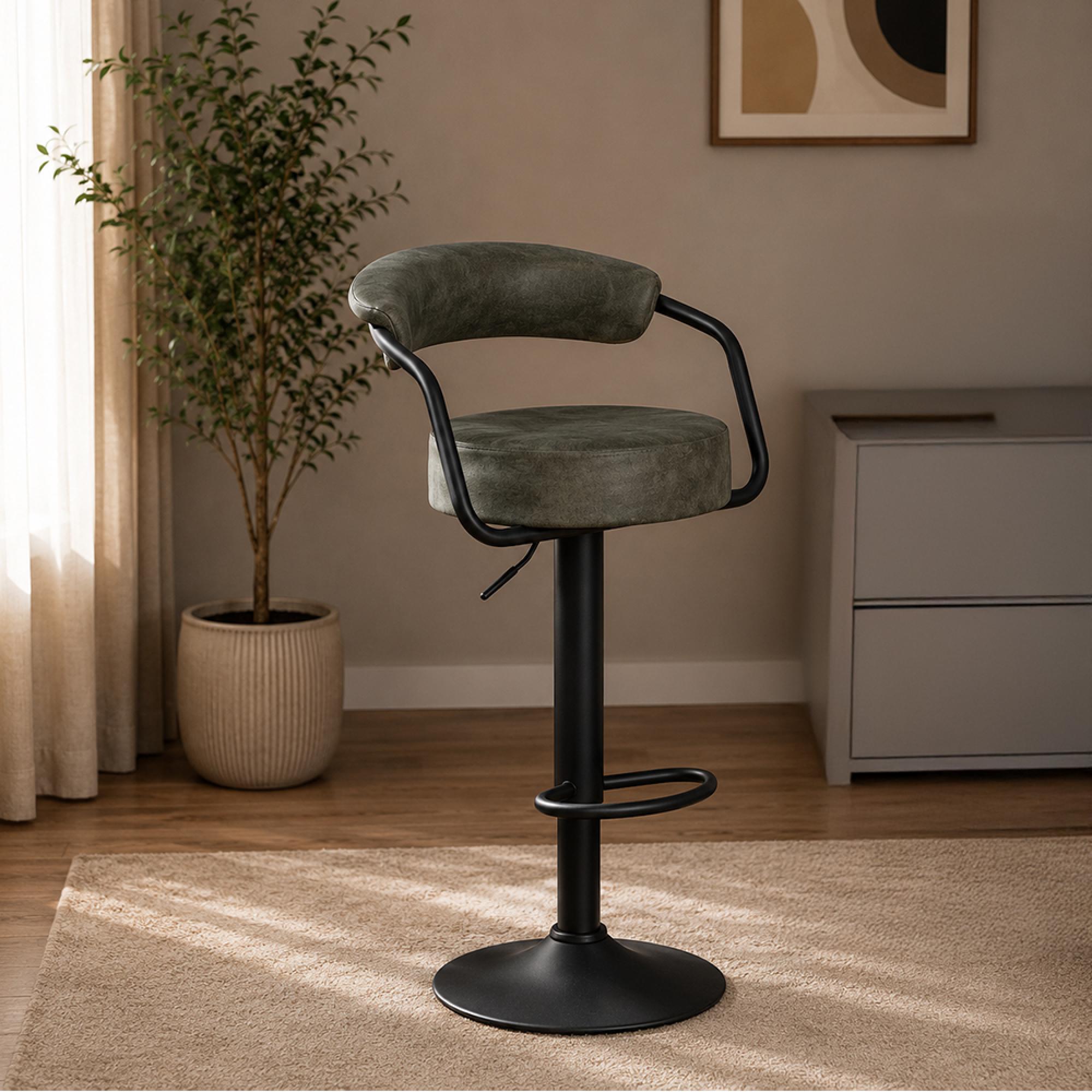 Hanna Barstool - Set of 2 - Adjustable Gas Lift - Olive and Black - Fabric and Metal