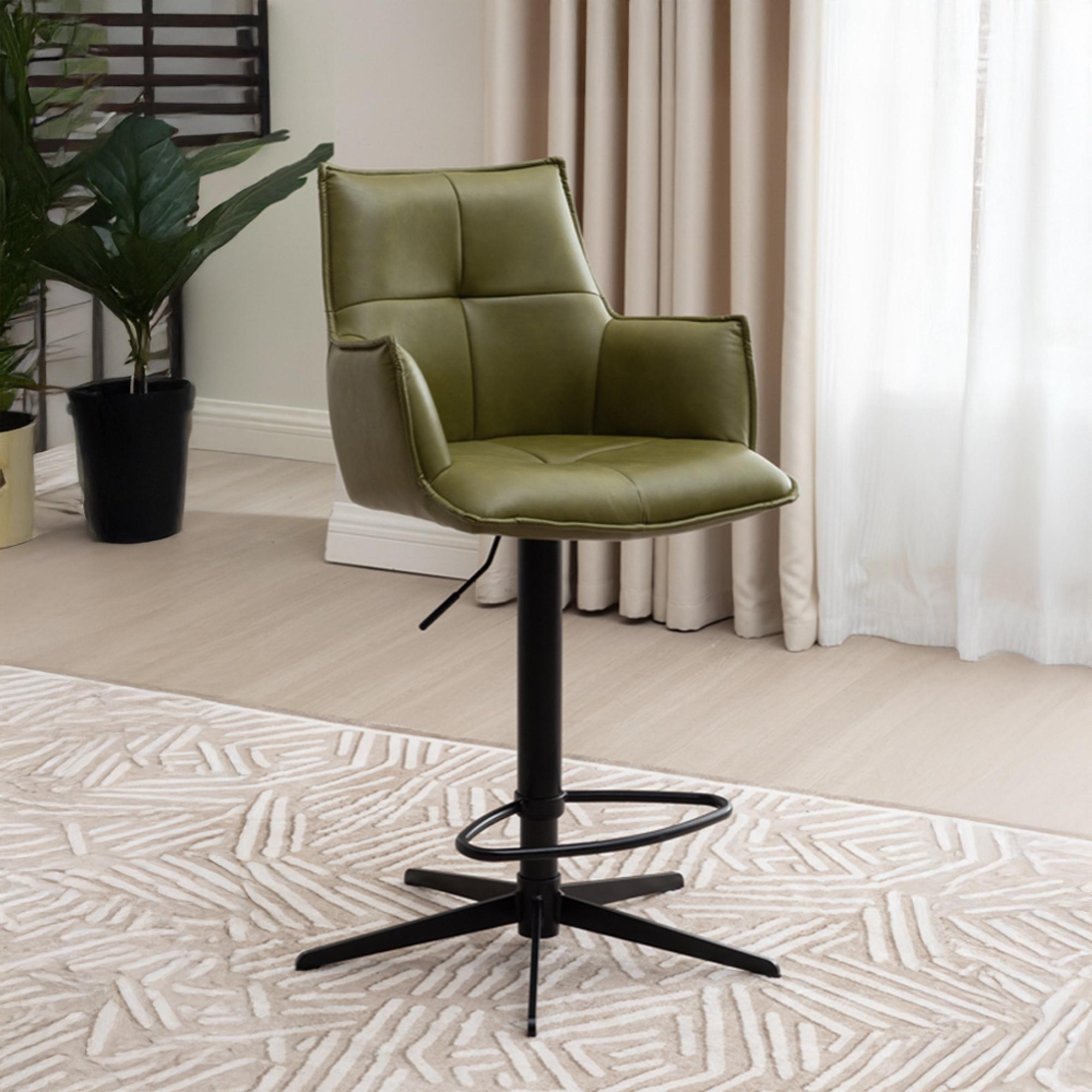 Jacob Barstool - Set of 2 - Adjustable Gas Lift - Green and Black - Faux Leather and Metal