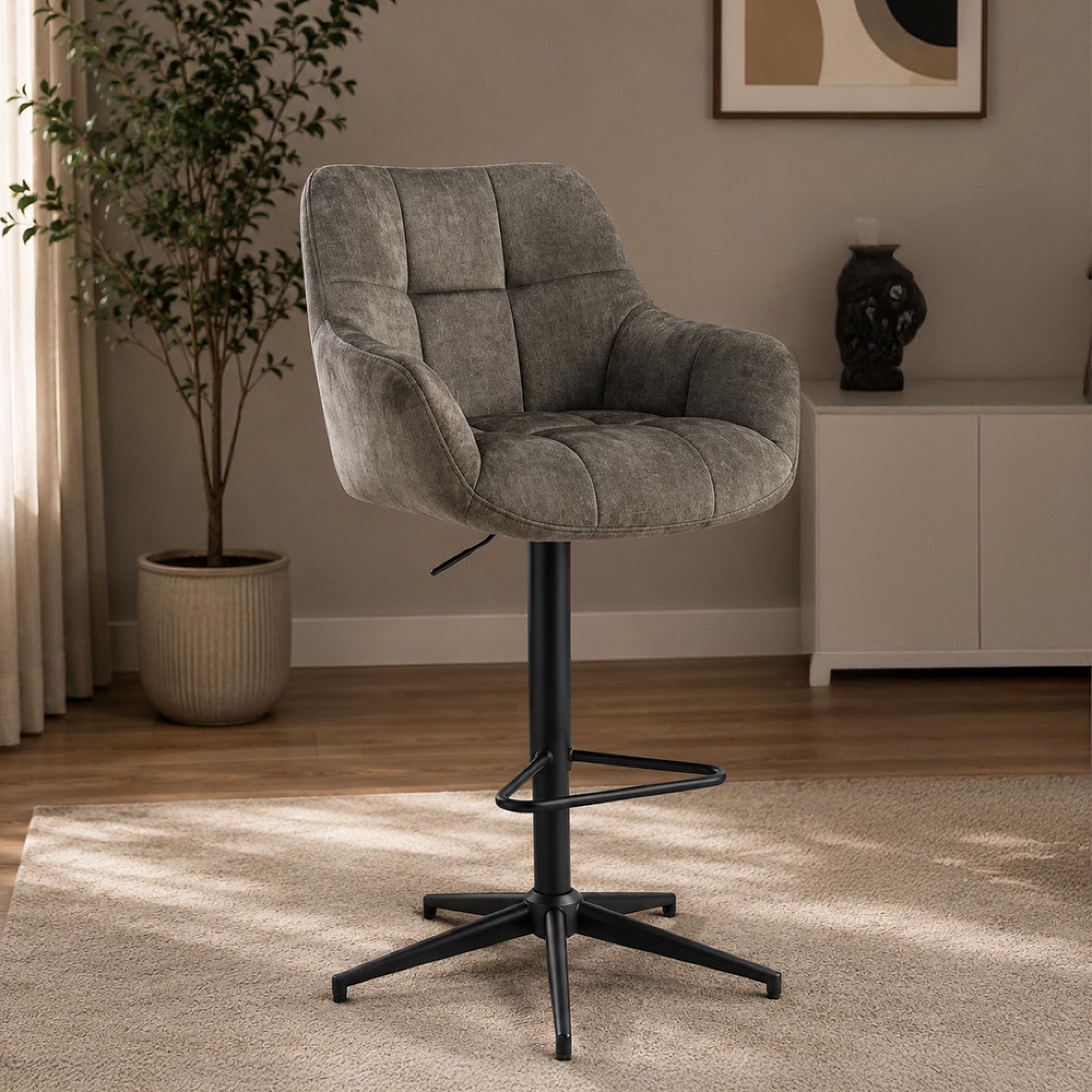 Jade Barstool - Set of 2 - Adjustable Gas Lift - Olive and Black - Fabric and Metal