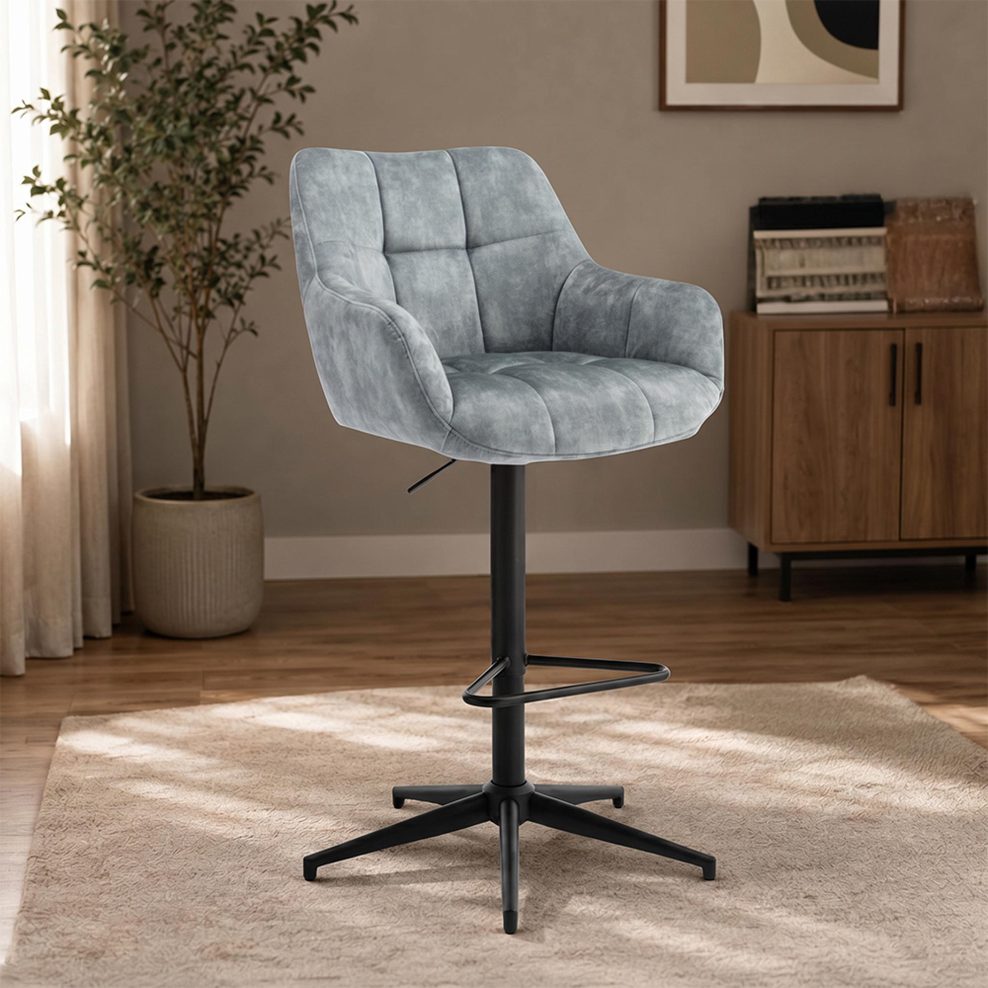 Jade Barstool - Set of 2 - Adjustable Gas Lift - Stone Blue and Black - Fabric and Metal