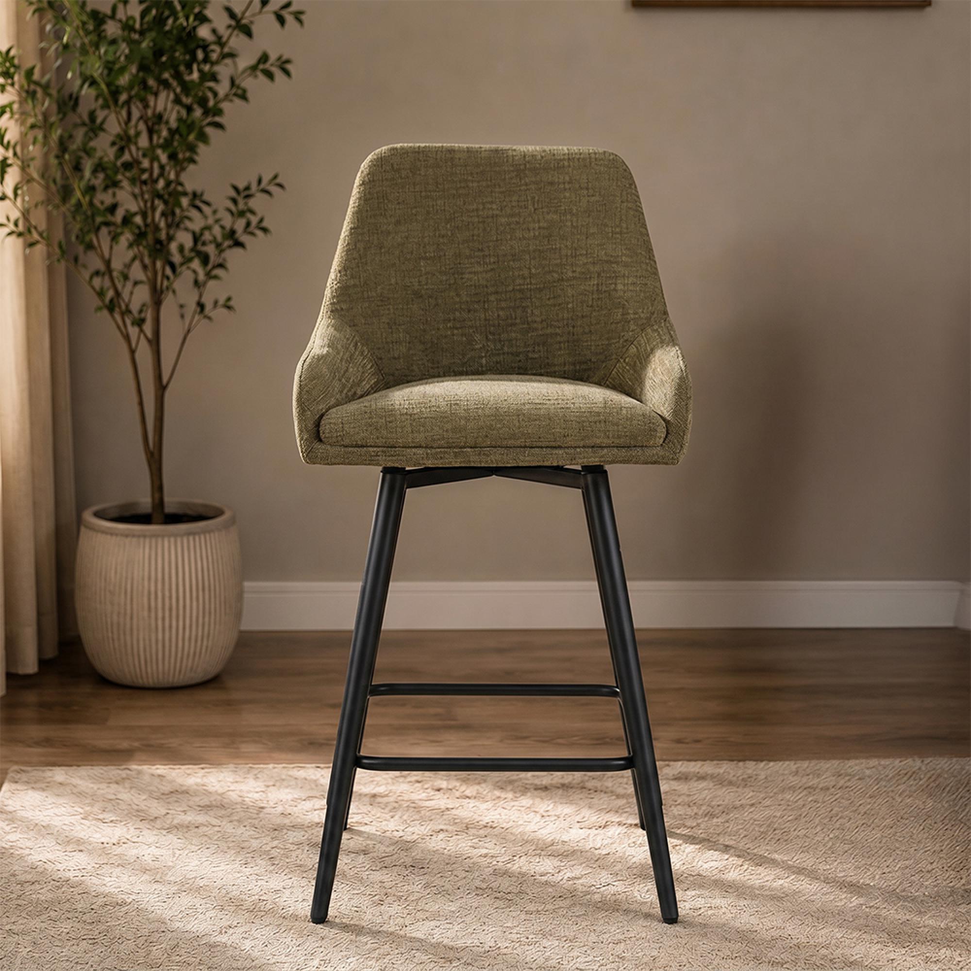 Oscar Counter Stool - Set of 2 - Olive Green and Black - Fabric and Metal