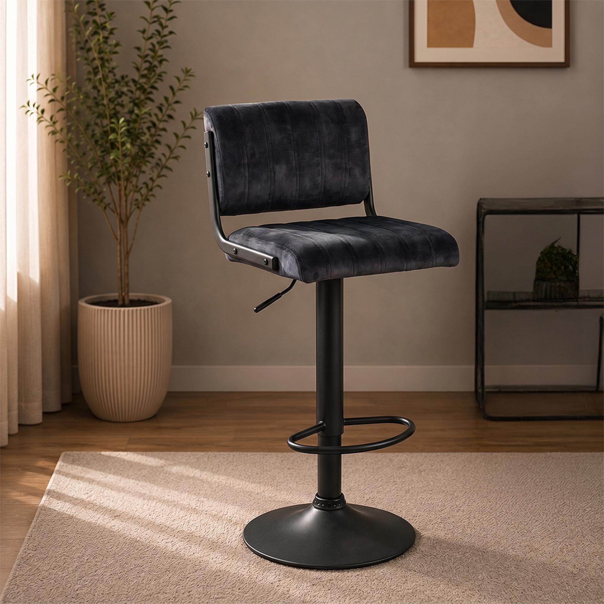 Paris Barstool - Set of 2 - Adjustable Gas Lift - Charcoal and Black - Fabric and Metal