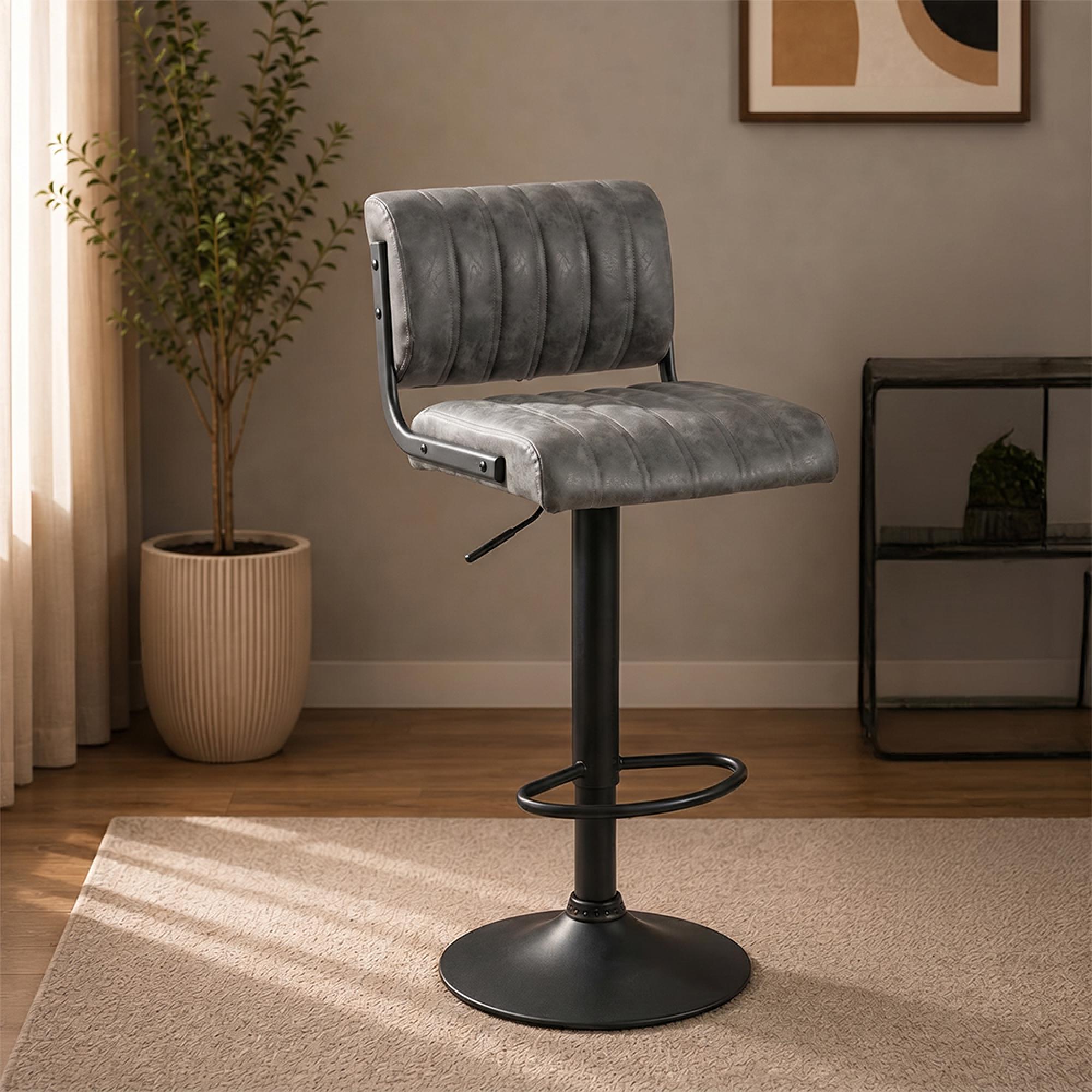 Paris Barstool - Set of 2 - Adjustable Gas Lift - Grey and Black - Fabric and Metal