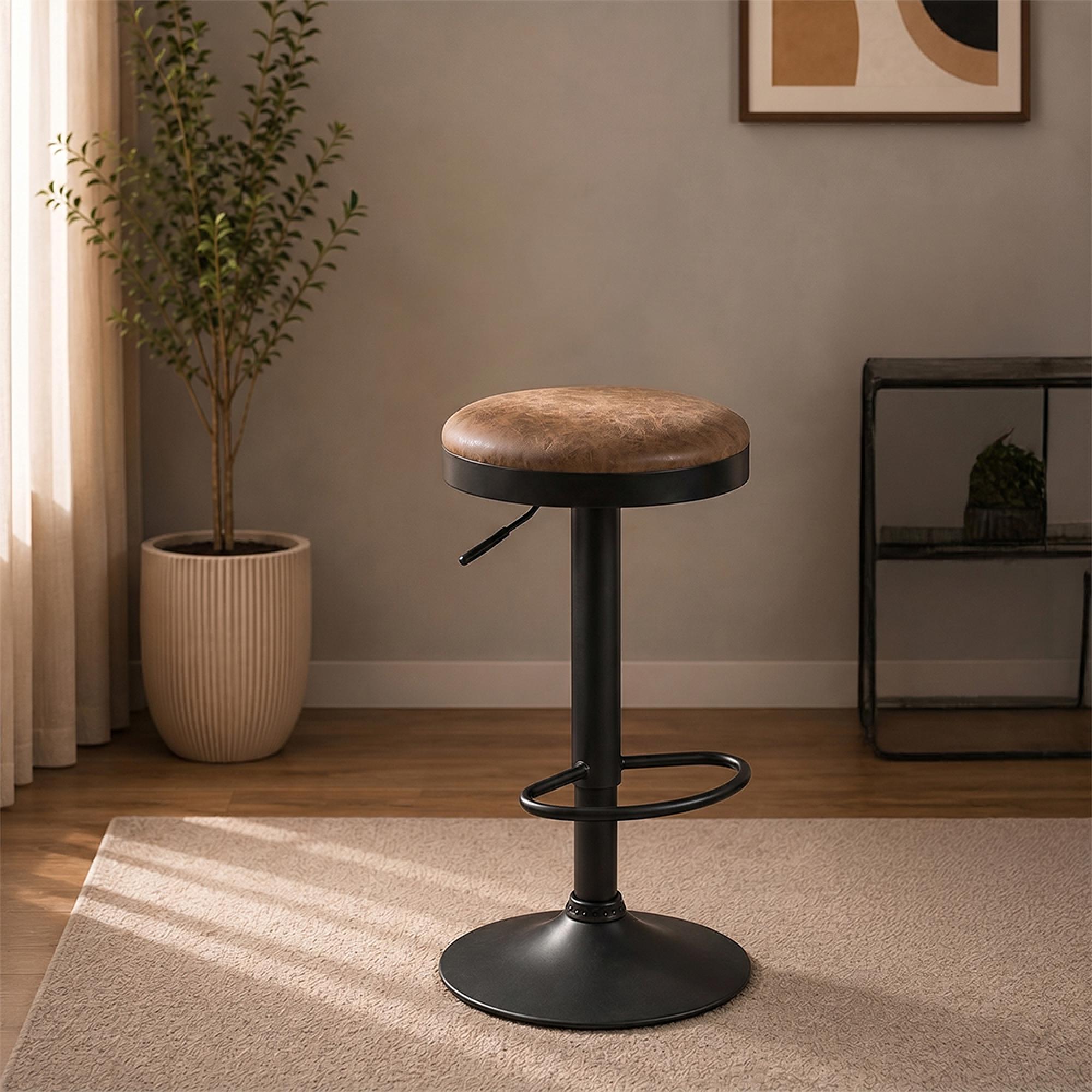 Paris Barstool - Set of 2 - Adjustable Gas Lift - Round - Brown and Black - Fabric and Metal