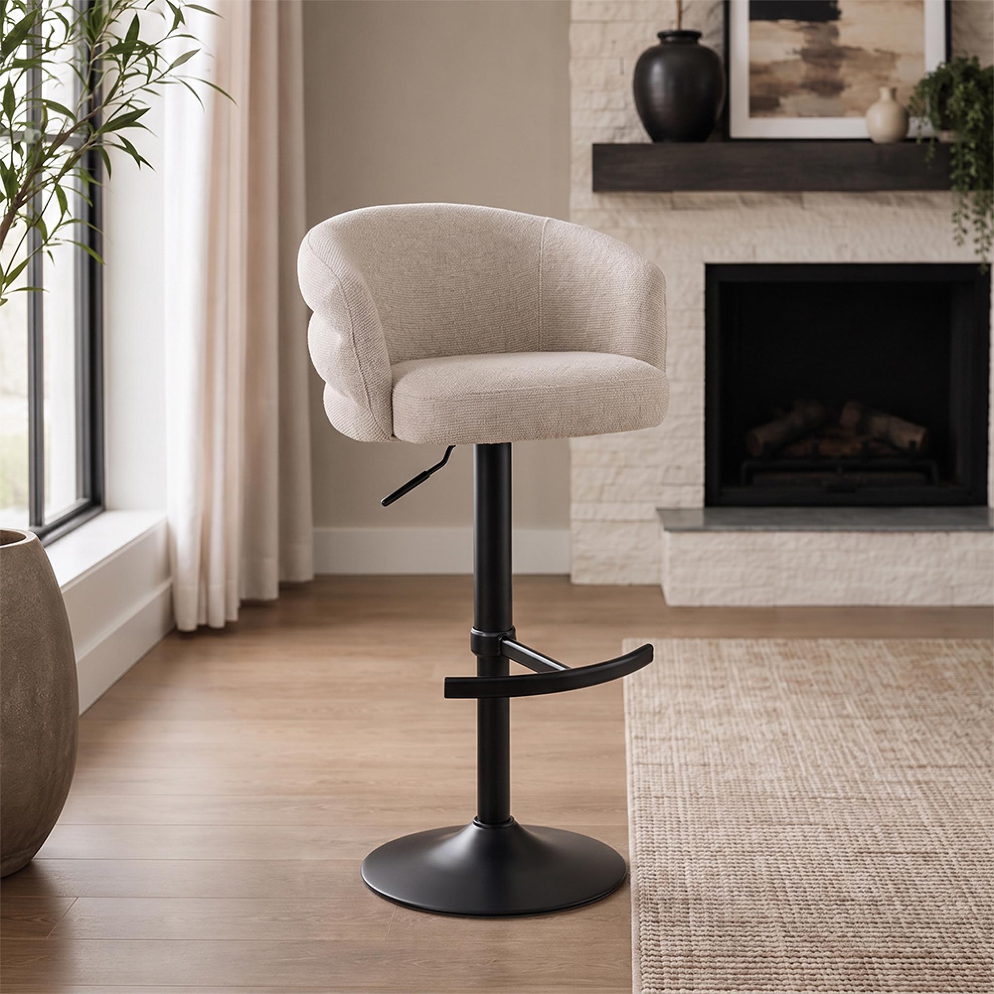 Nikki Swivel Barstool - Curved Back - Adjustable Height - Biscotti and Black - Fabric and Metal