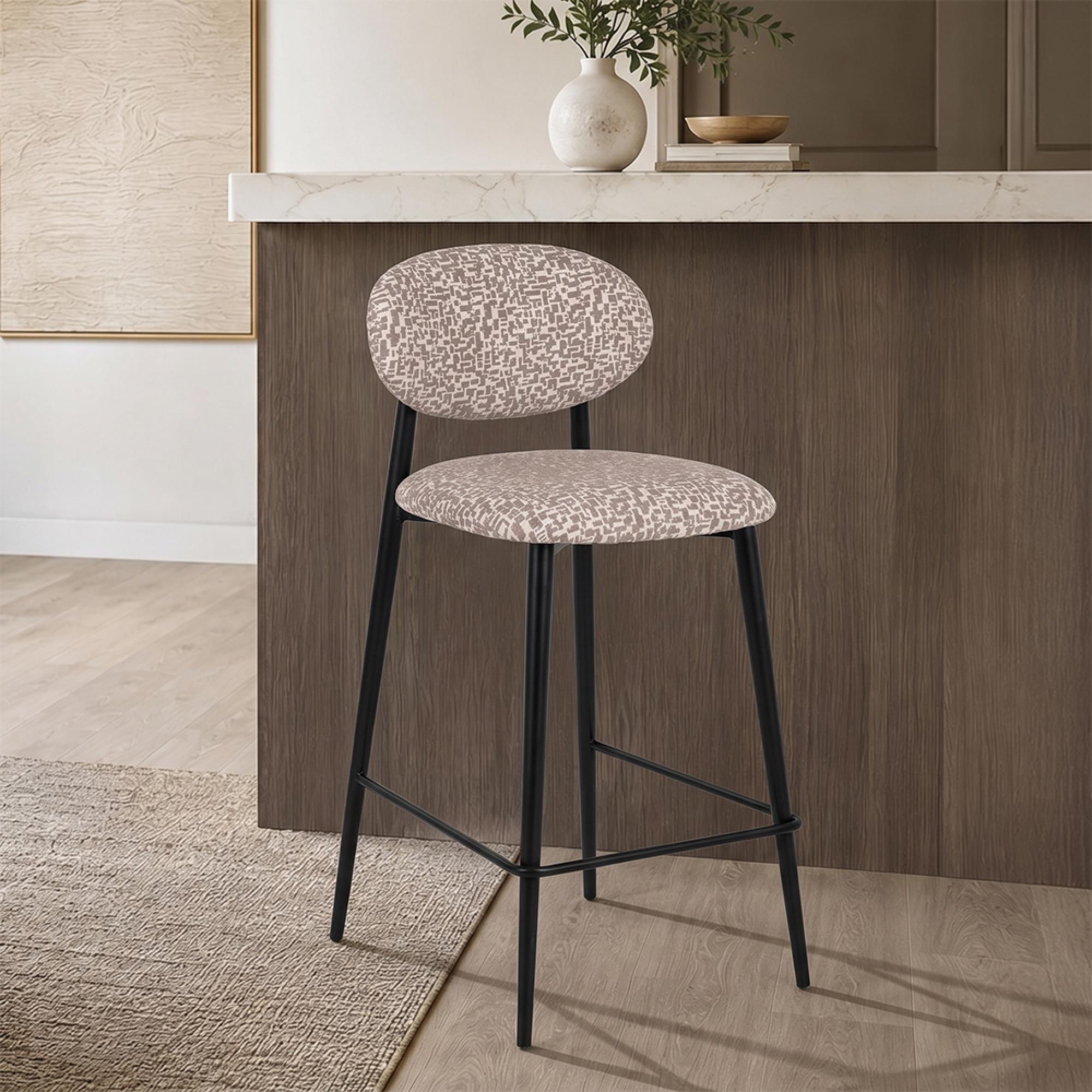 Dantes Counter Stool - Curved Back - Natural Geo and Black - Fabric and Metal