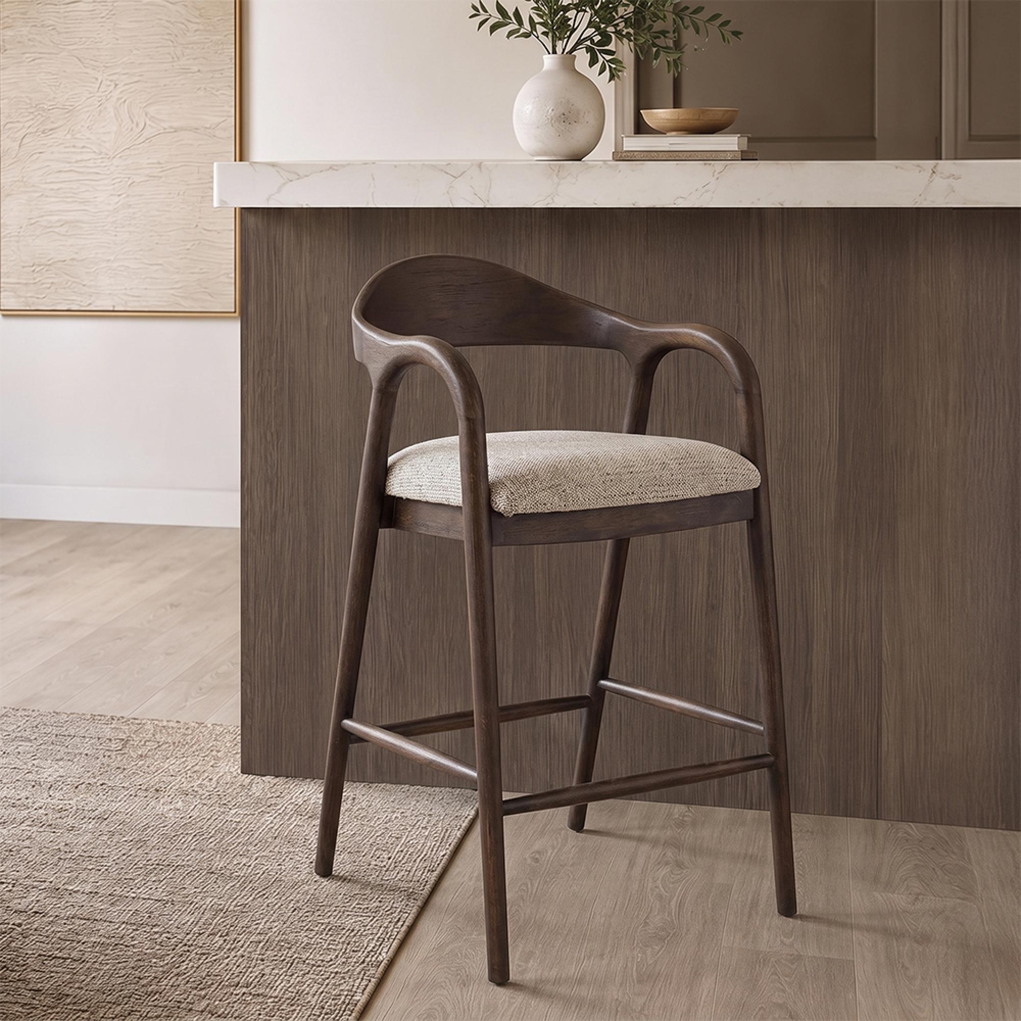 Mihara Counter Stool - Curved Back - Mocca Fancy - Fabric and Rubberwood