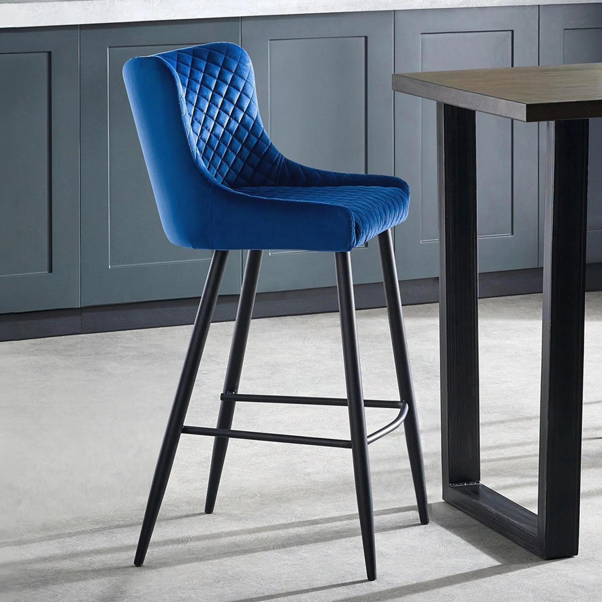 Luxe Barstool - Set of 2 - Curved Back - Blue Velvet and Black - Fabric and Metal