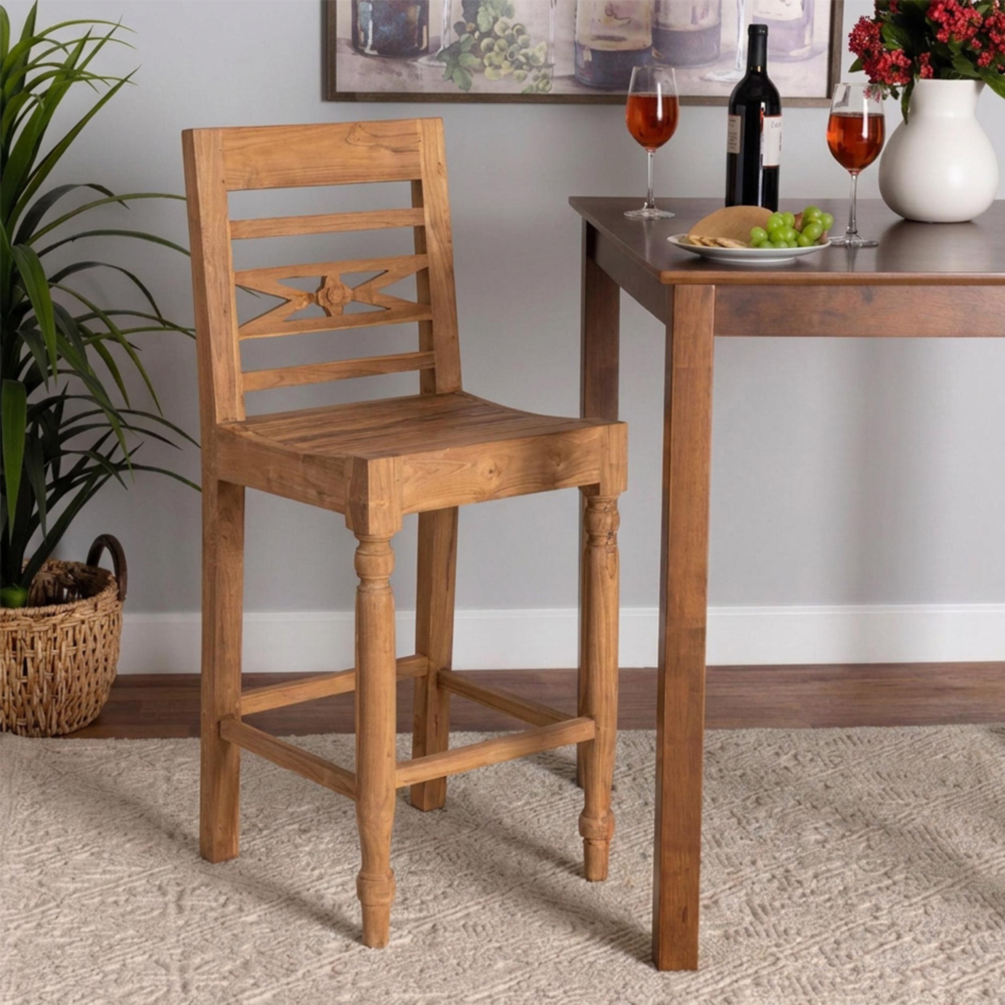 Flower Barstool - Set of 2 - Natural - Teak Wood