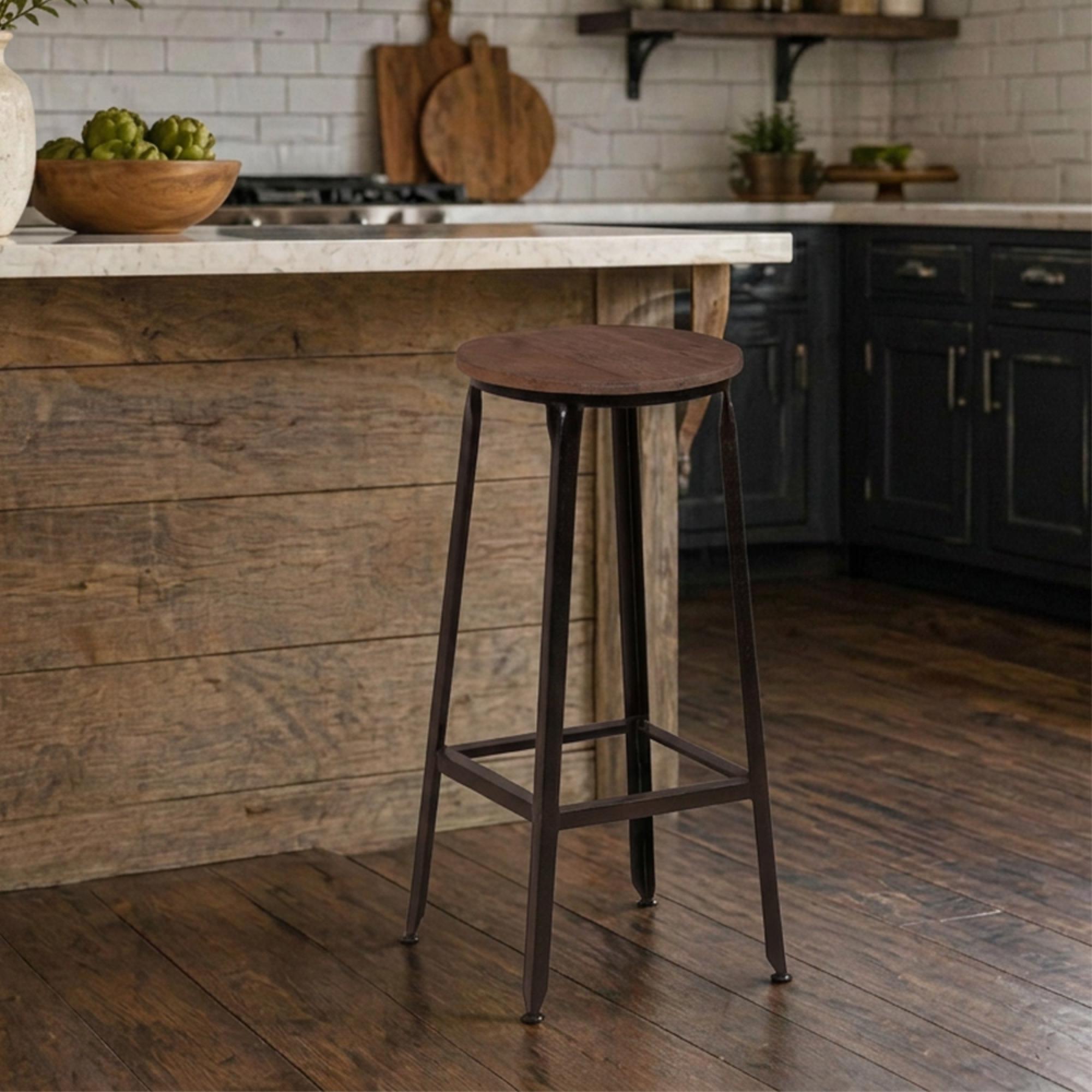 Industrial Barstool - Set of 2 - Round - Brown and Black - Wood and Metal