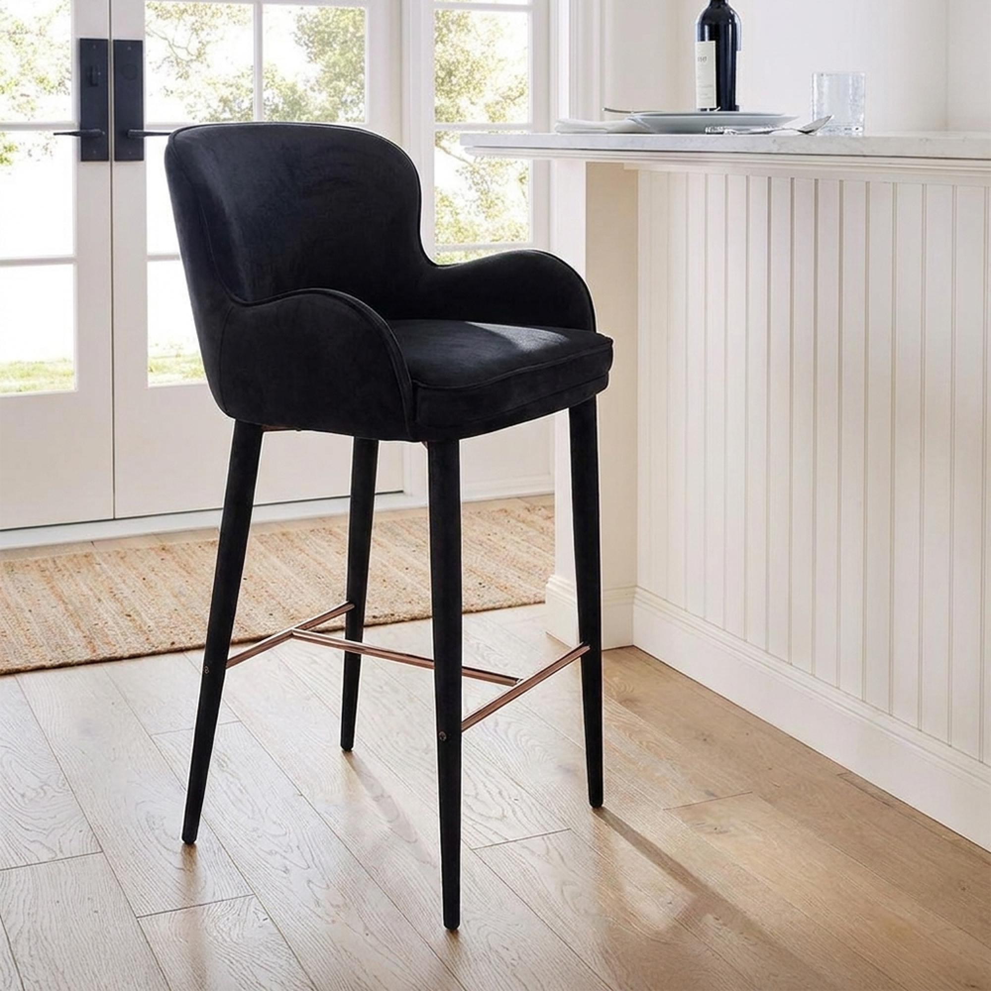 Perry Barstool - with Armrest - Set of 2 - Curved Back - Black Velvet - Fabric and Metal