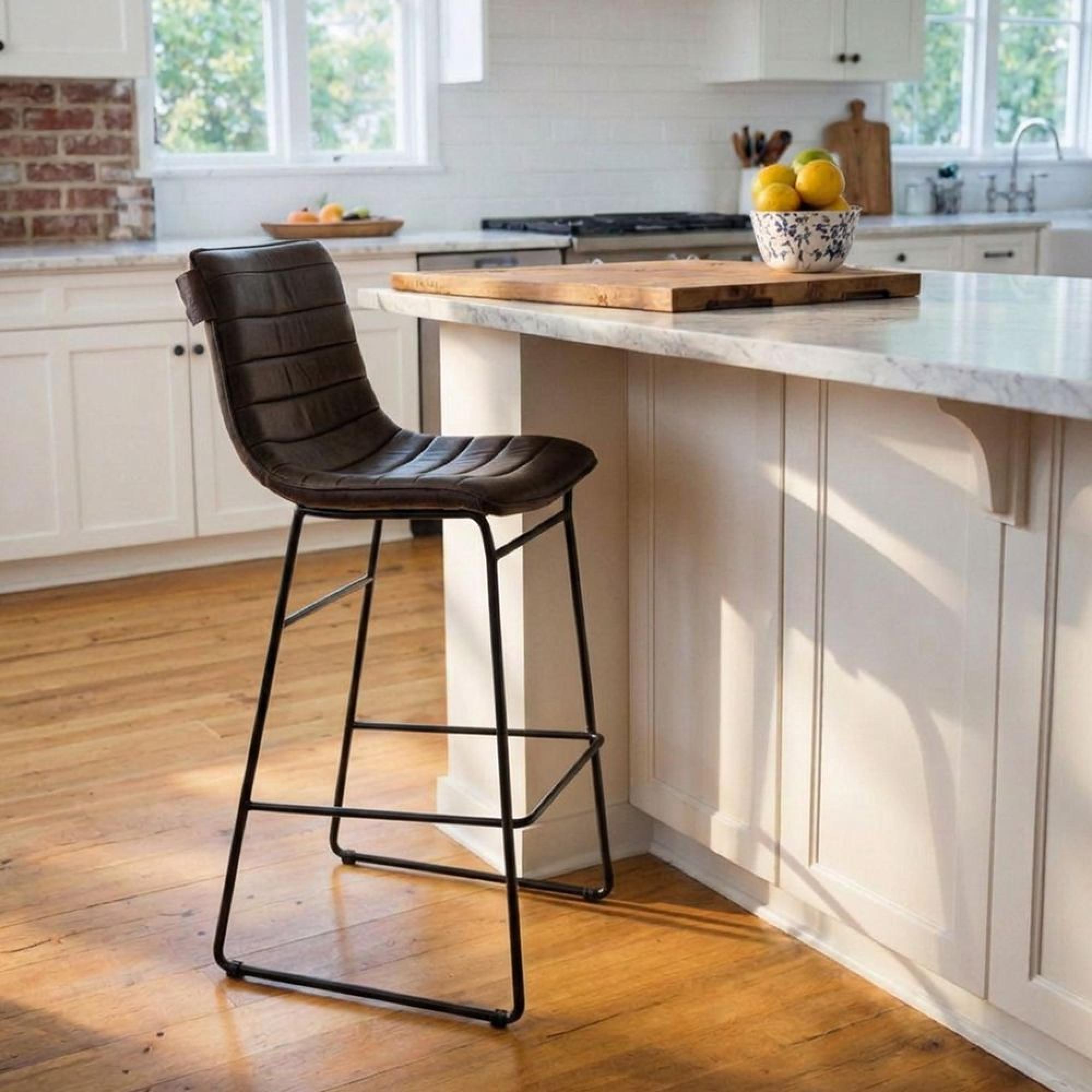 Vancouver Industrial Barstool - Set of 2 - Whiskey Dark Brown and Black - Leather and Metal