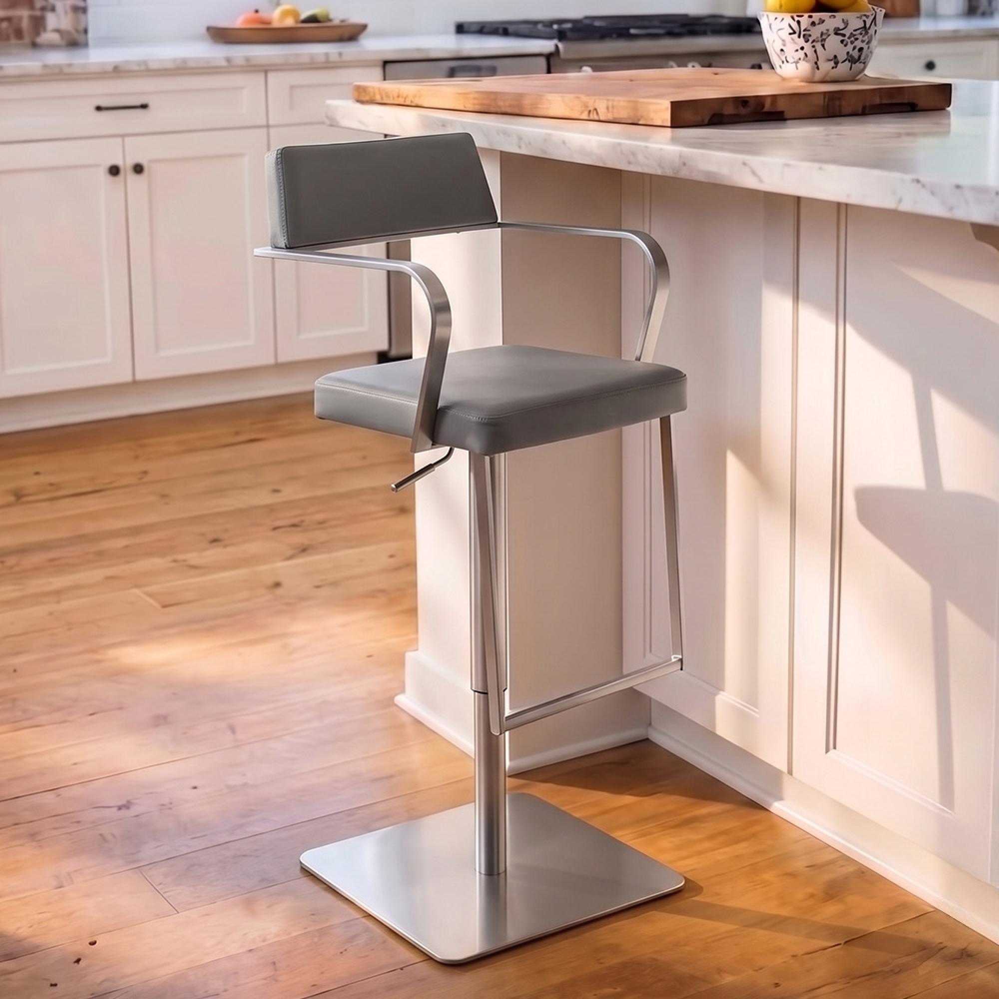 Tempo Barstools - Set of 2 - Adjustable Height - Charcoal Grey and Chrome - Faux Leather and Metal
