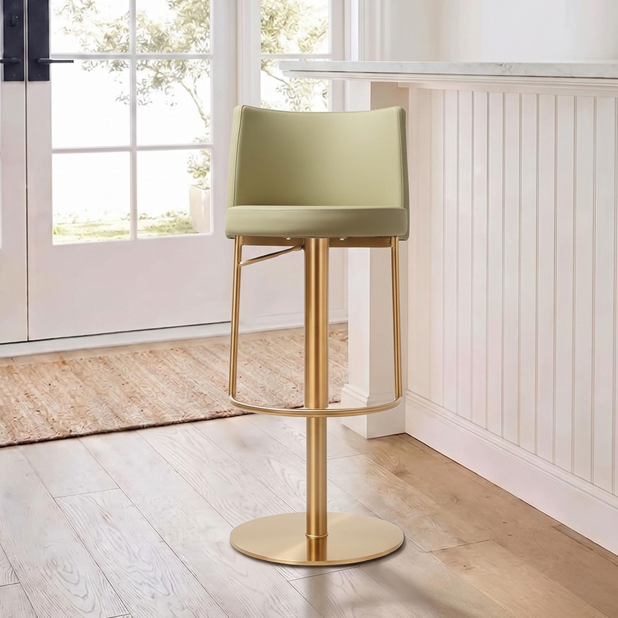 Vogue Barstools - Set of 2 - Adjustable Height - Pistachio and Gold - Faux Leather and Metal