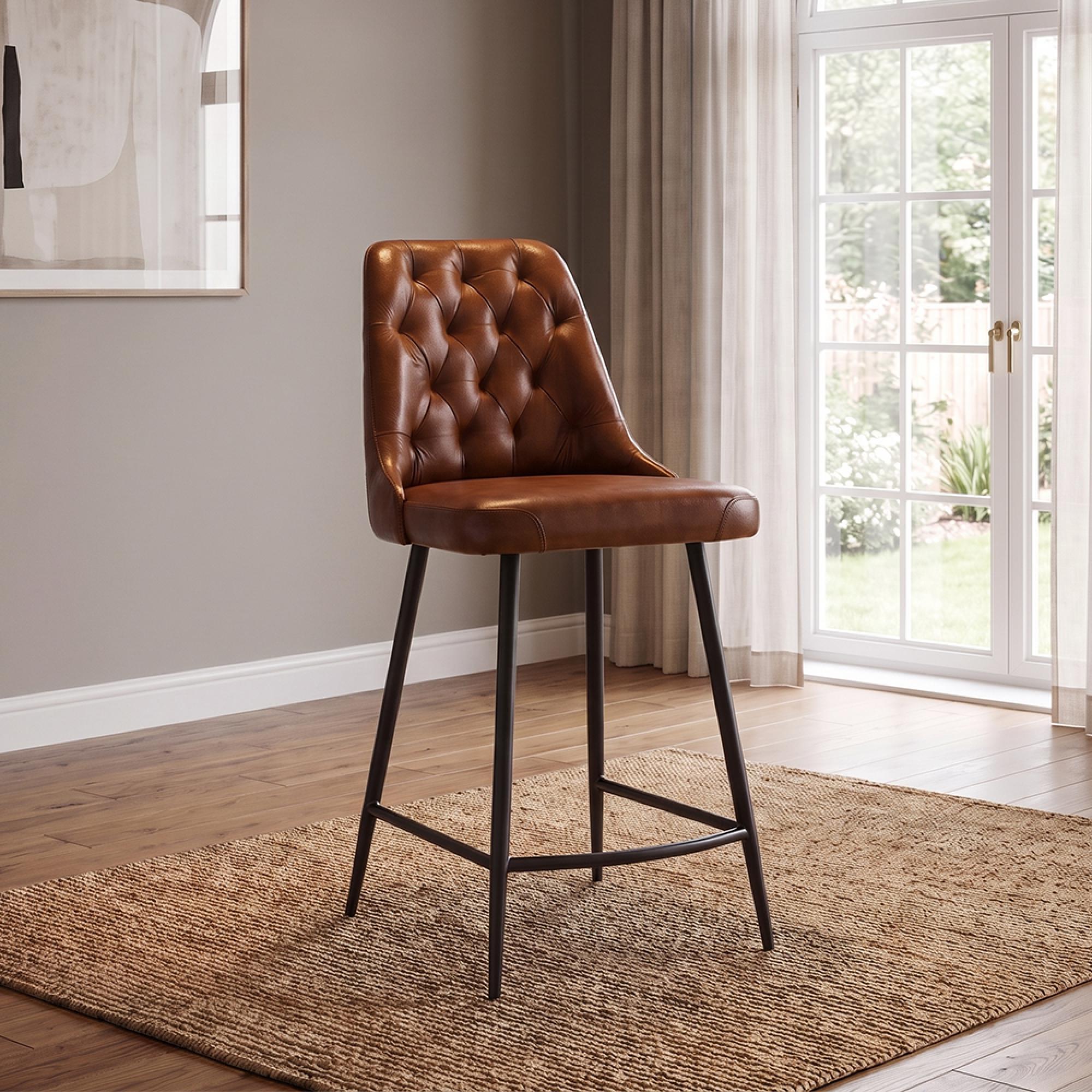Clearance - 2 x Bradley Tan Brown Real Leather Counter Stool - FSS17576