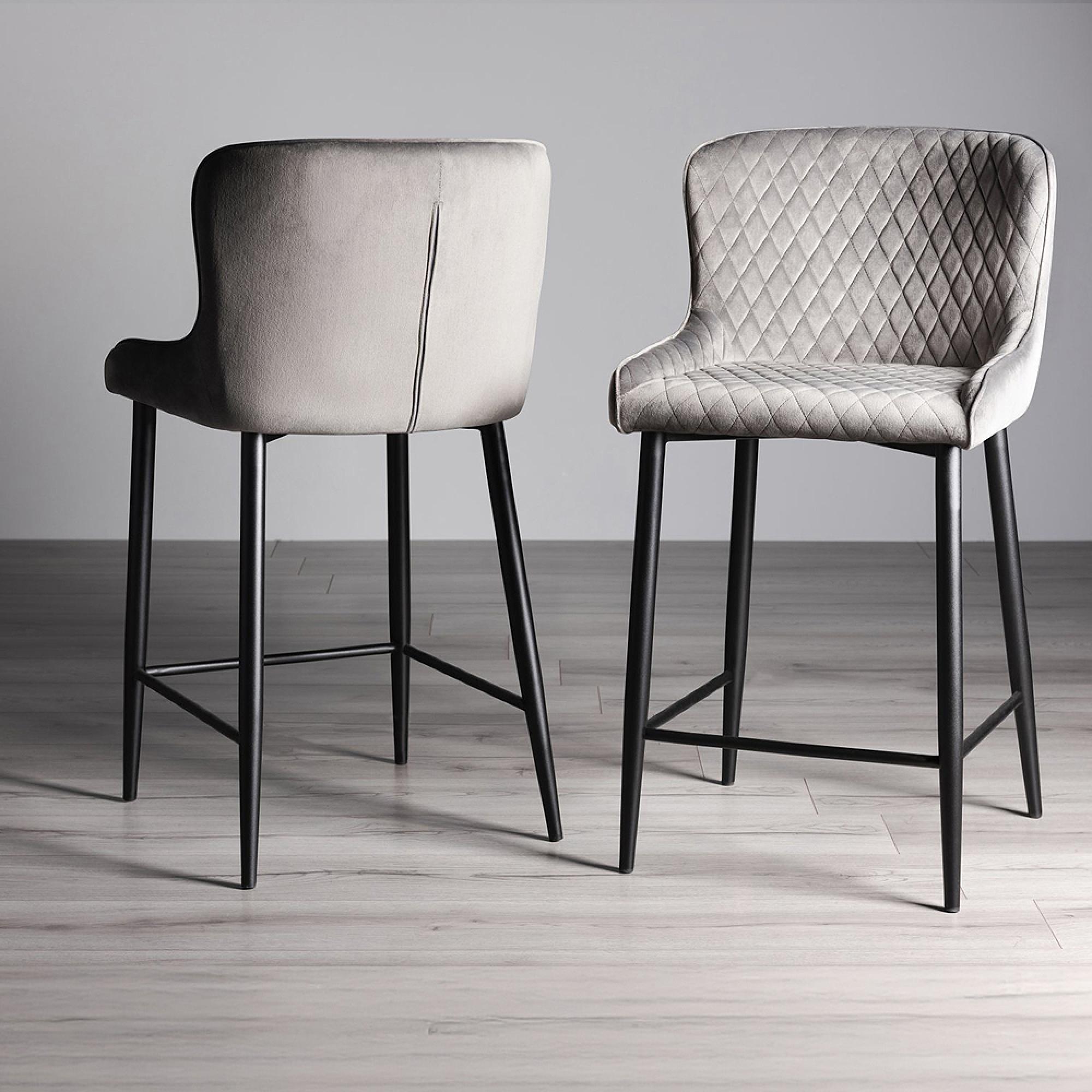 Cezanne Barstools - Set of 2 - Grey Velvet - Black Legs