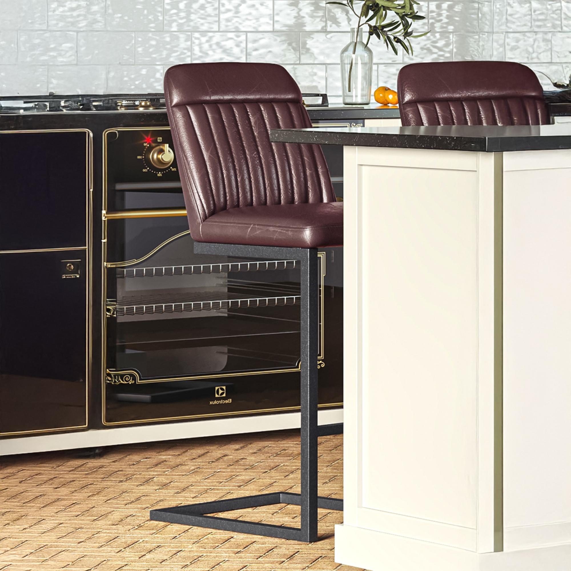 Vintage Barstools - Set of 2 - Brown Faux Leather - Cantilever Base