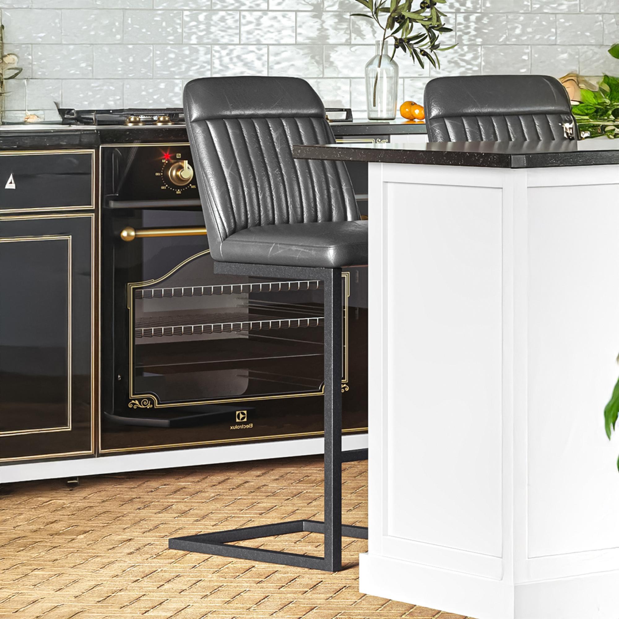 Vintage Barstools - Set of 2 - Grey Faux Leather - Cantilever Base