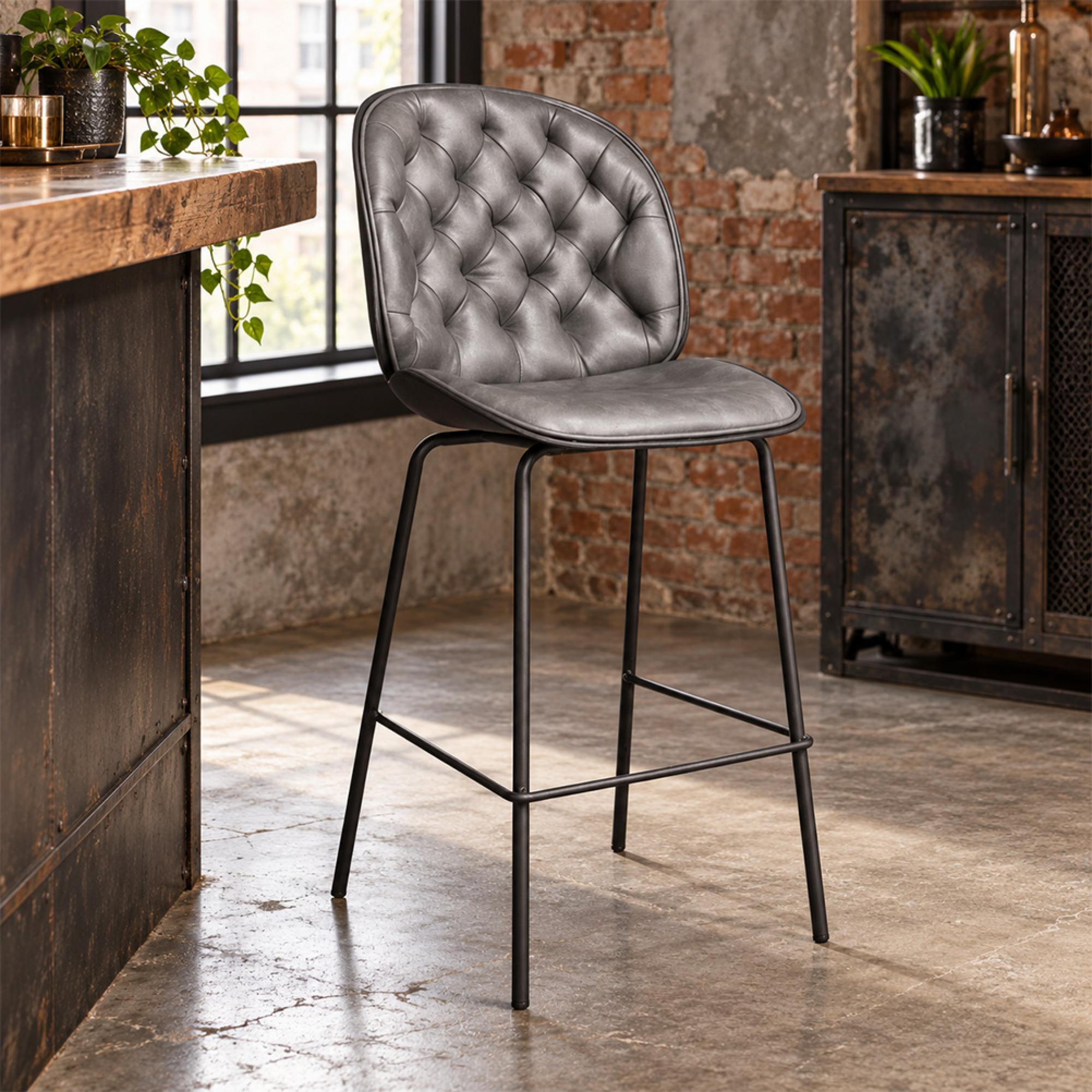 Barstool - Set of 2 - Dark Grey Faux Leather - Tufted