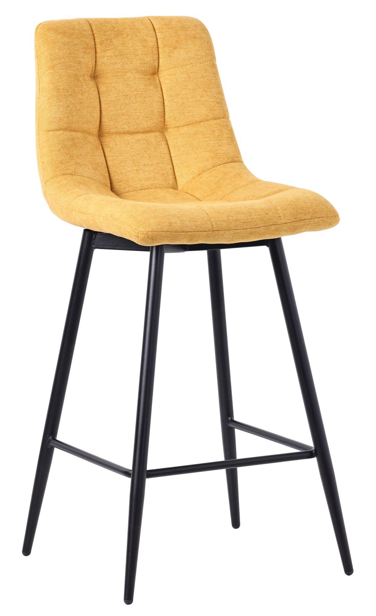 Corona High Back Barstool - Yellow Velvet Fabric - Black Metal Legs
