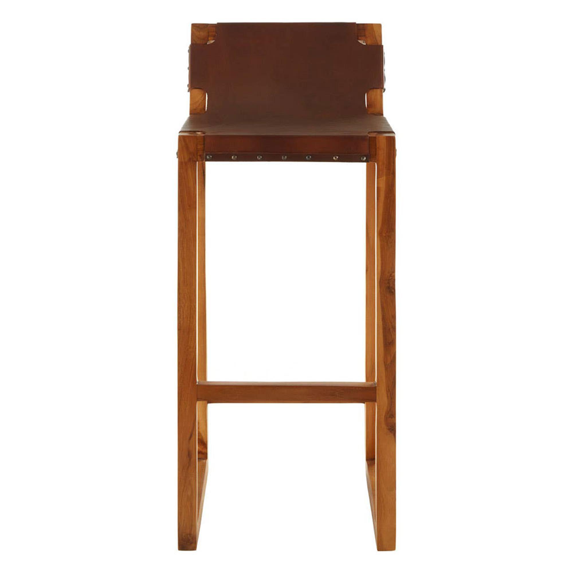Kendari Barstool - Brown Leather and Teak Wood - with Back