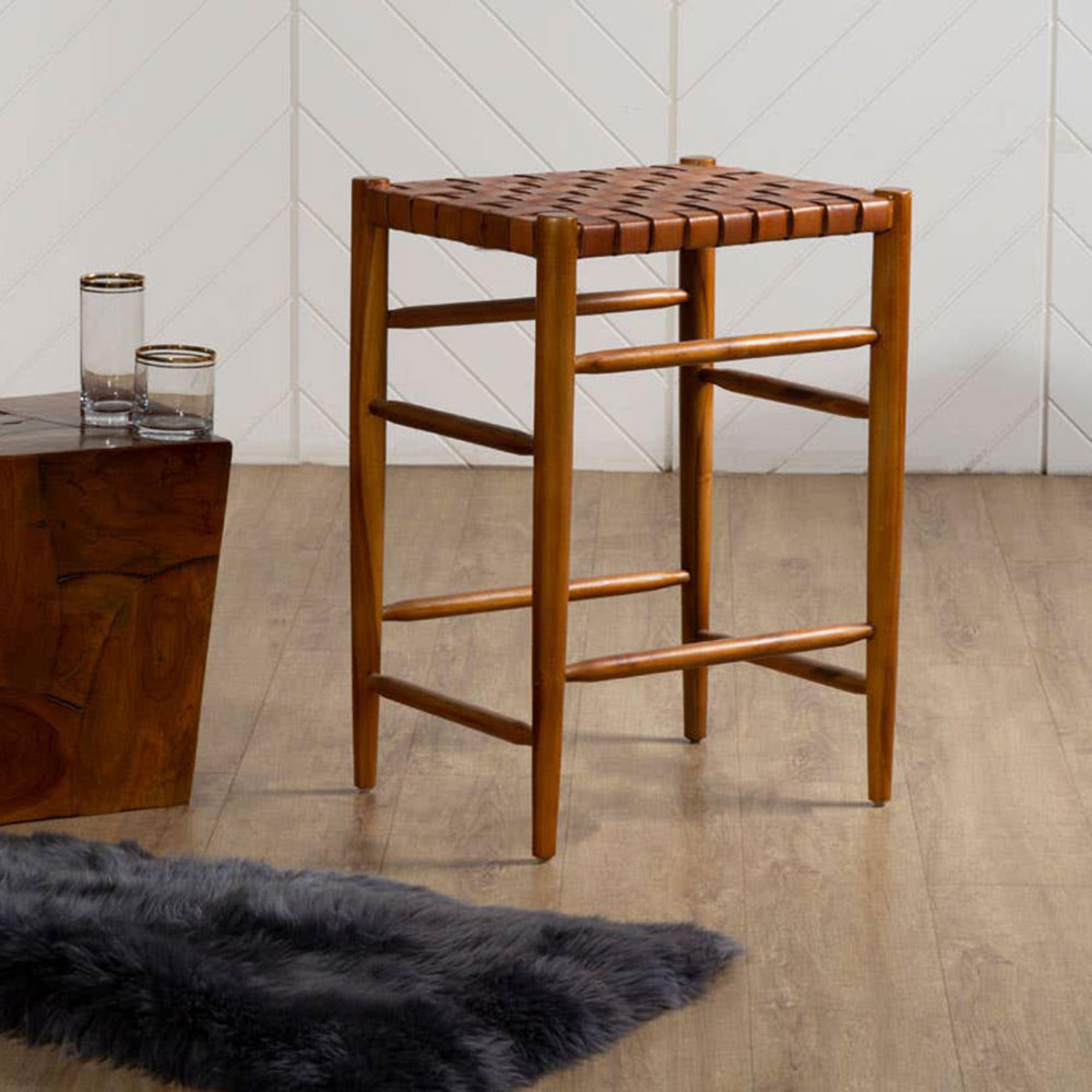 Kendari Barstool - Brown Leather with Teak Wood