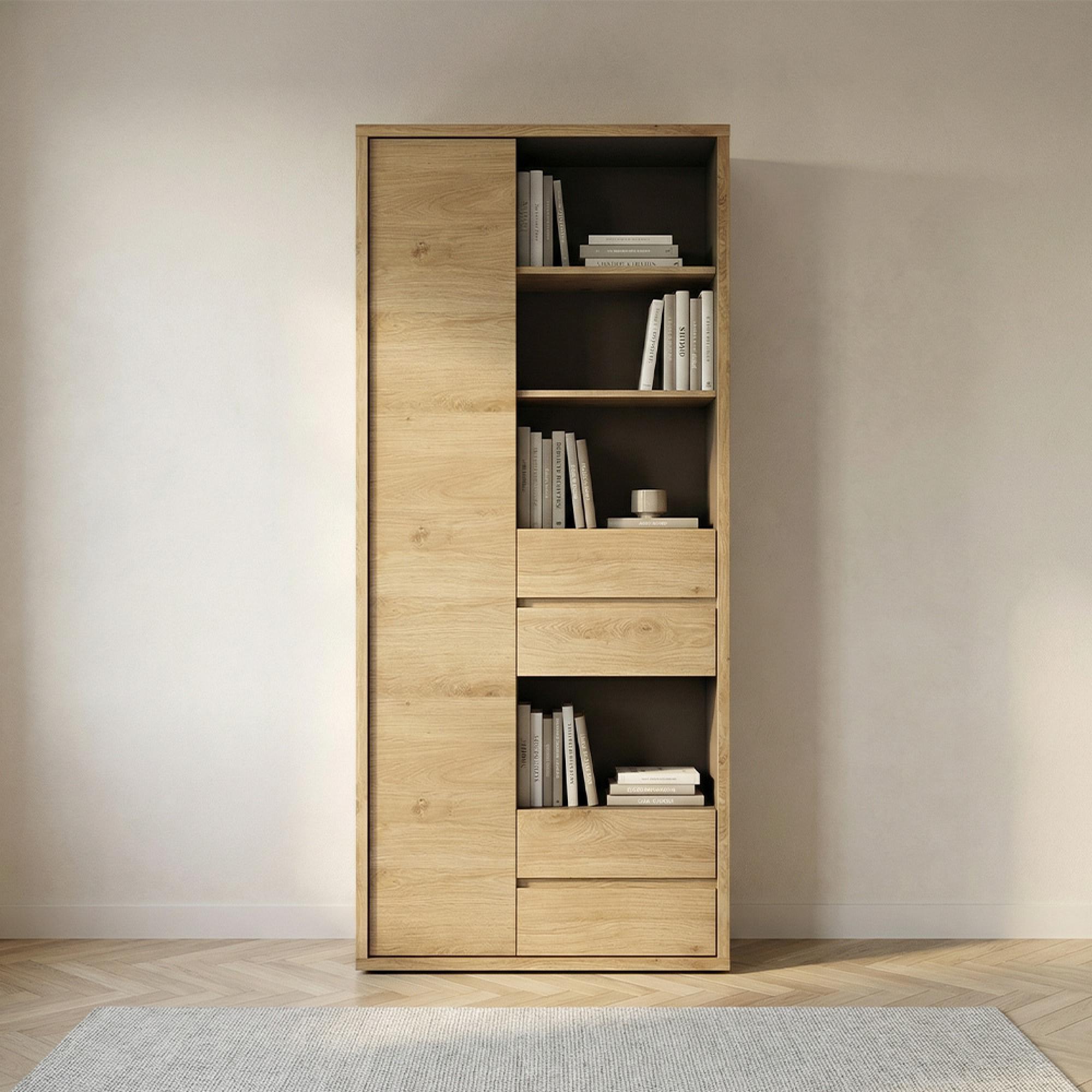 Shetland Bookcase - 1 Door - 4 Drawer - Tall - Oak