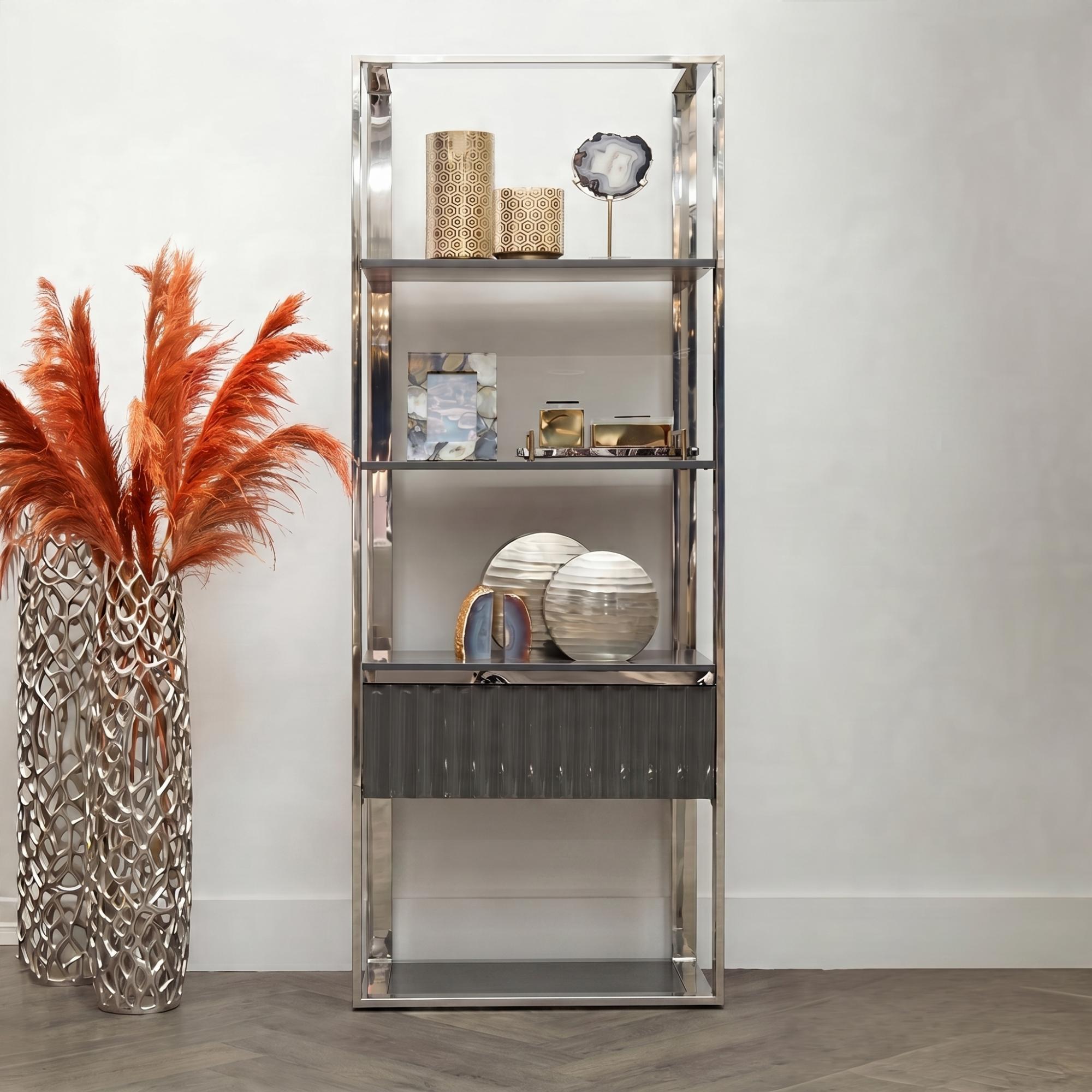 Genoa Shelving Unit - 1 Drawer - Open - Fluted - Grey and Metal