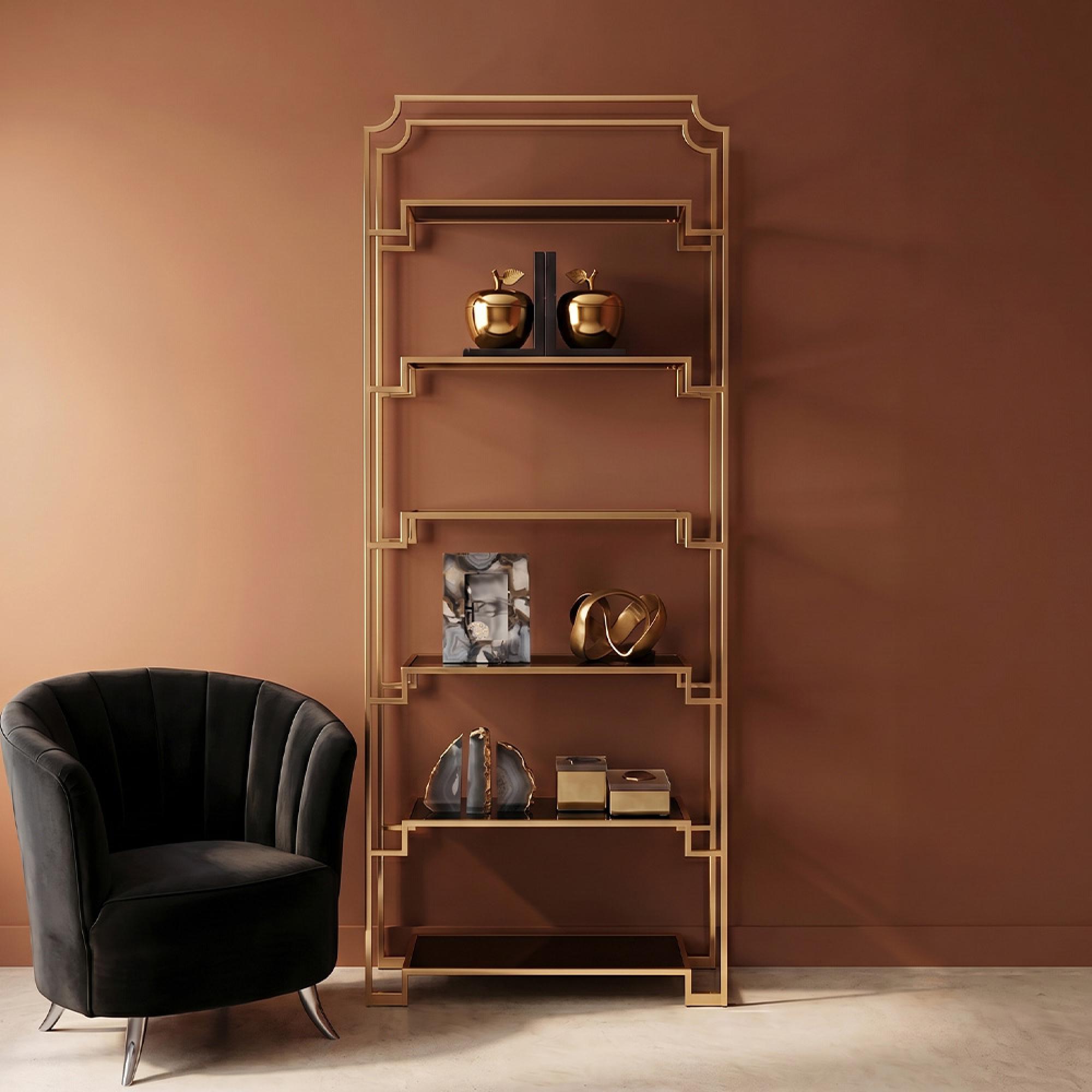 Horizon Open Shelving Unit - Black Glass with Gold Metal