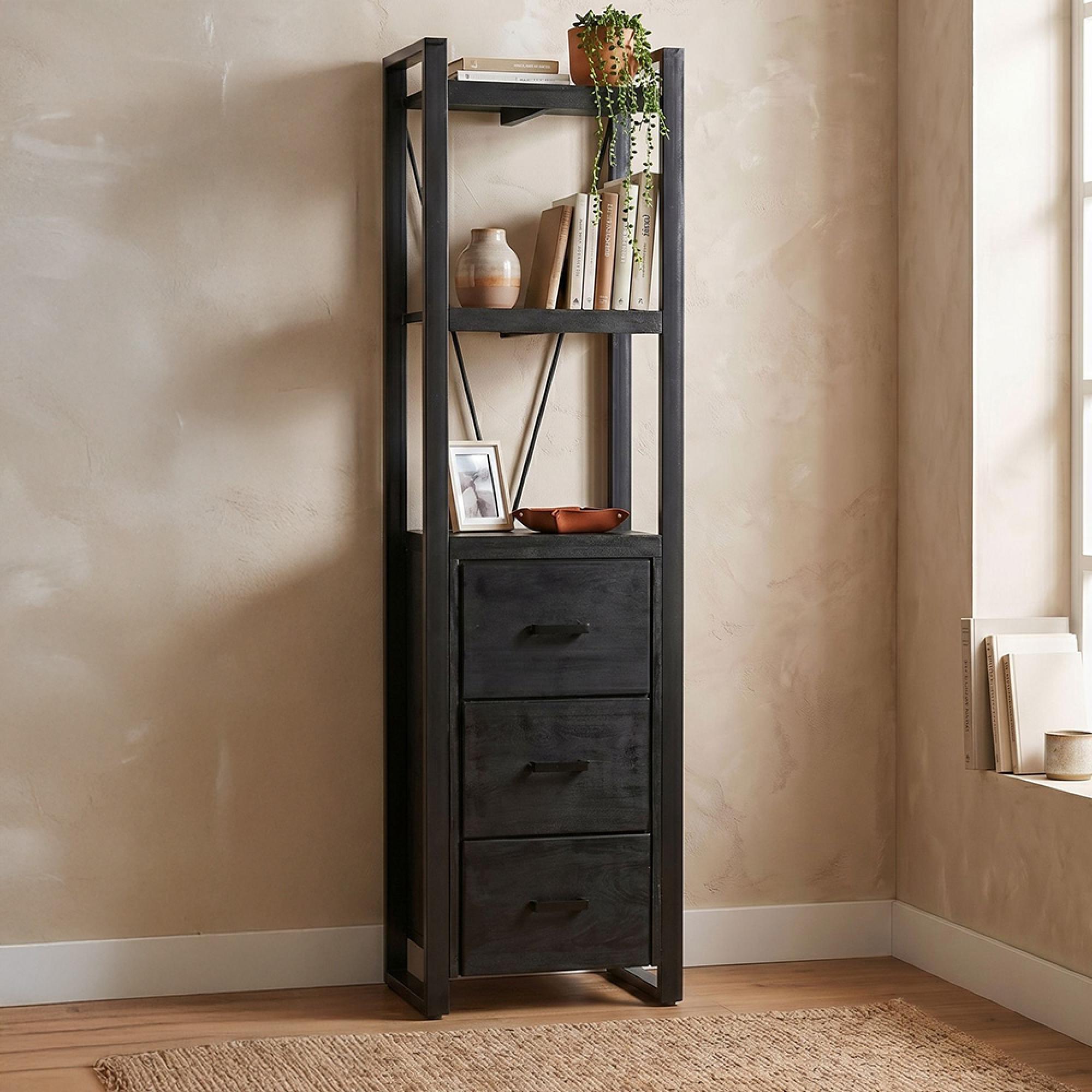 Norris Bookcase - 3 Drawer - Tall - Charcoal - Rustic Mango Wood