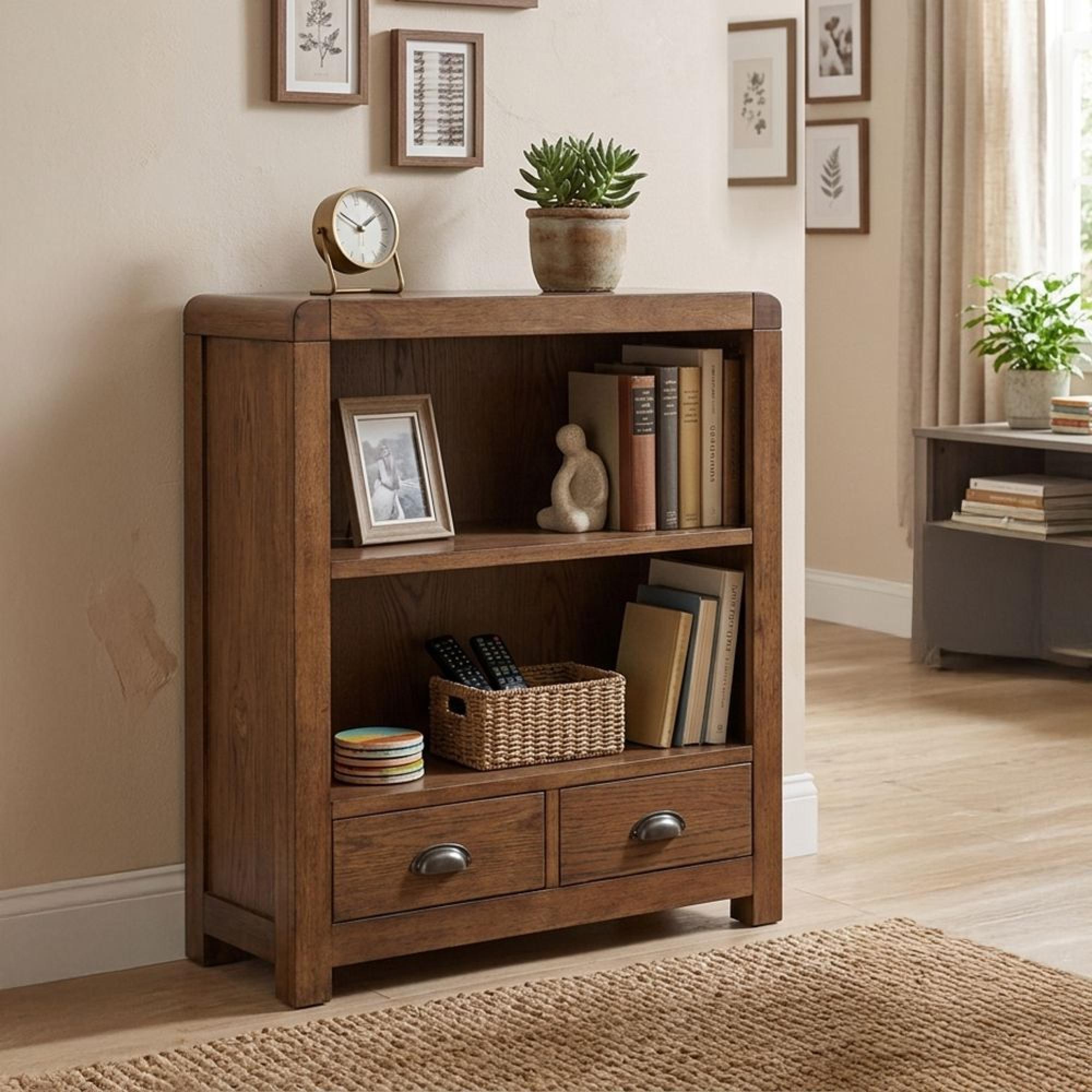 Oakridge Bookcase - 2 Drawer - Low - Dark Oak