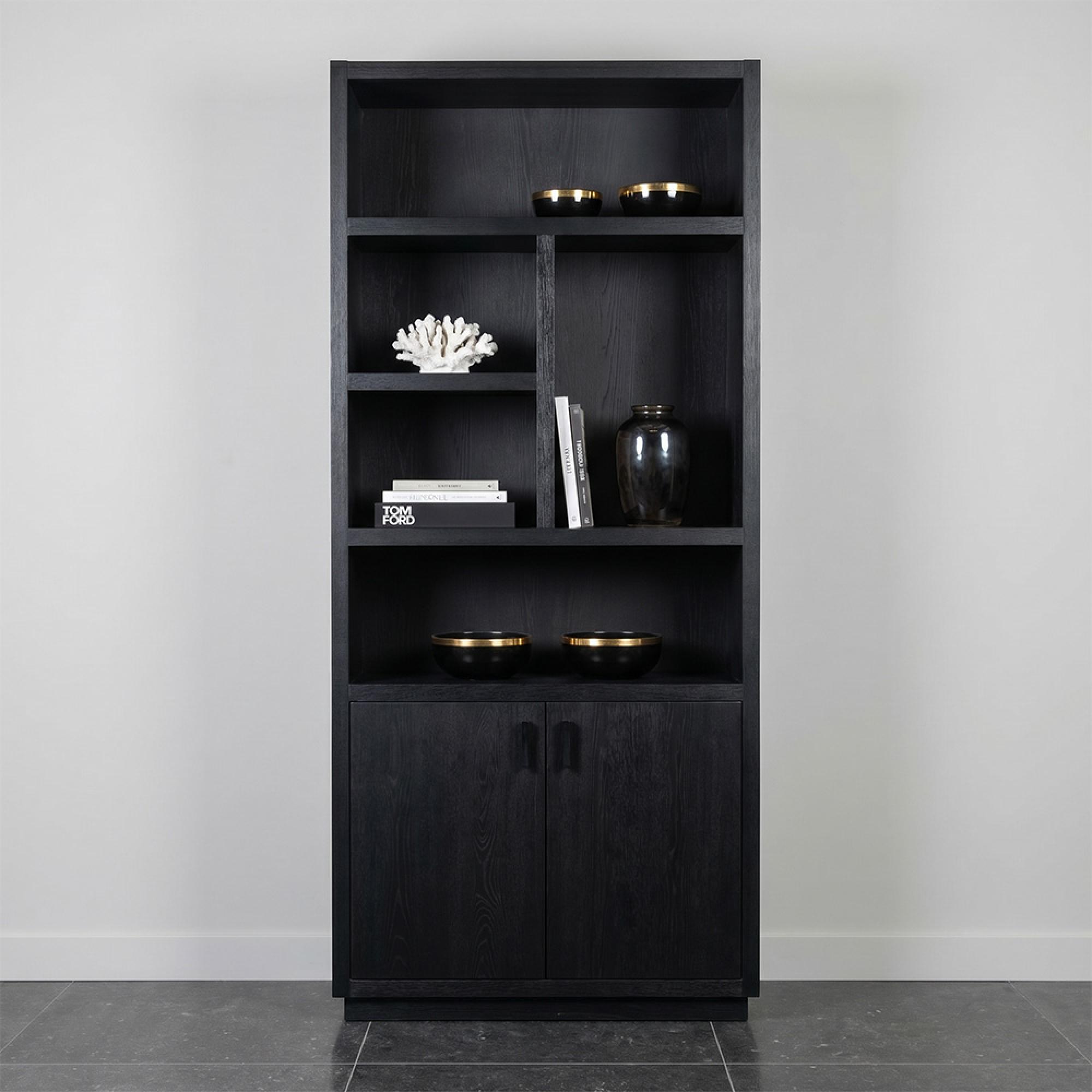 Oakura Black Oak Bookcase with Cupboard - LH