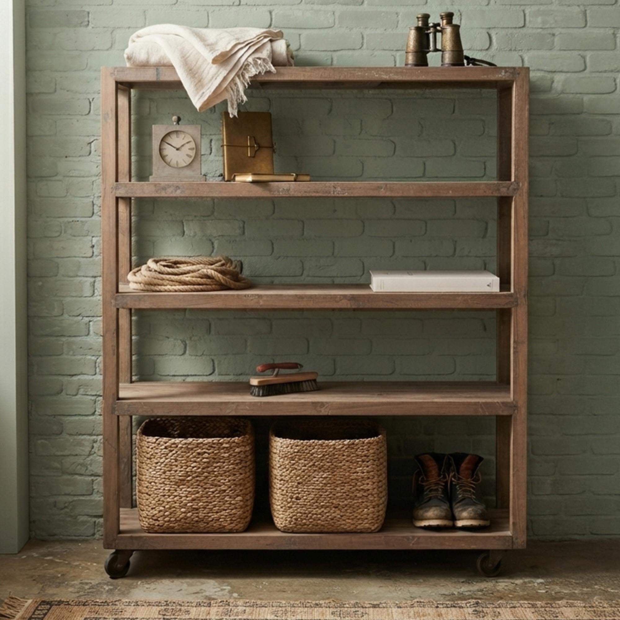 Bassano Shelving Unit - Low - on Wheels - Natural - Recycled Wood and Metal