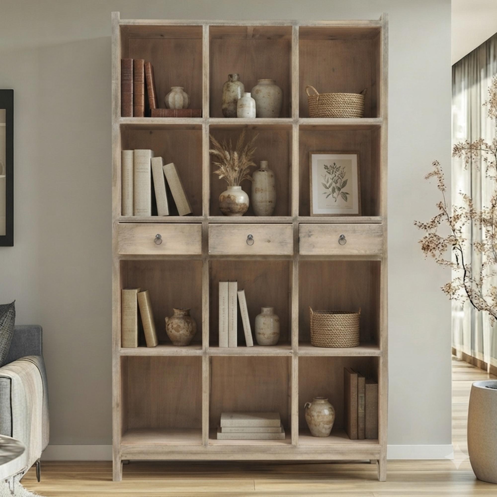 Bookcase - Wide - 3 Drawer - Natural Weathered - Elm Wood