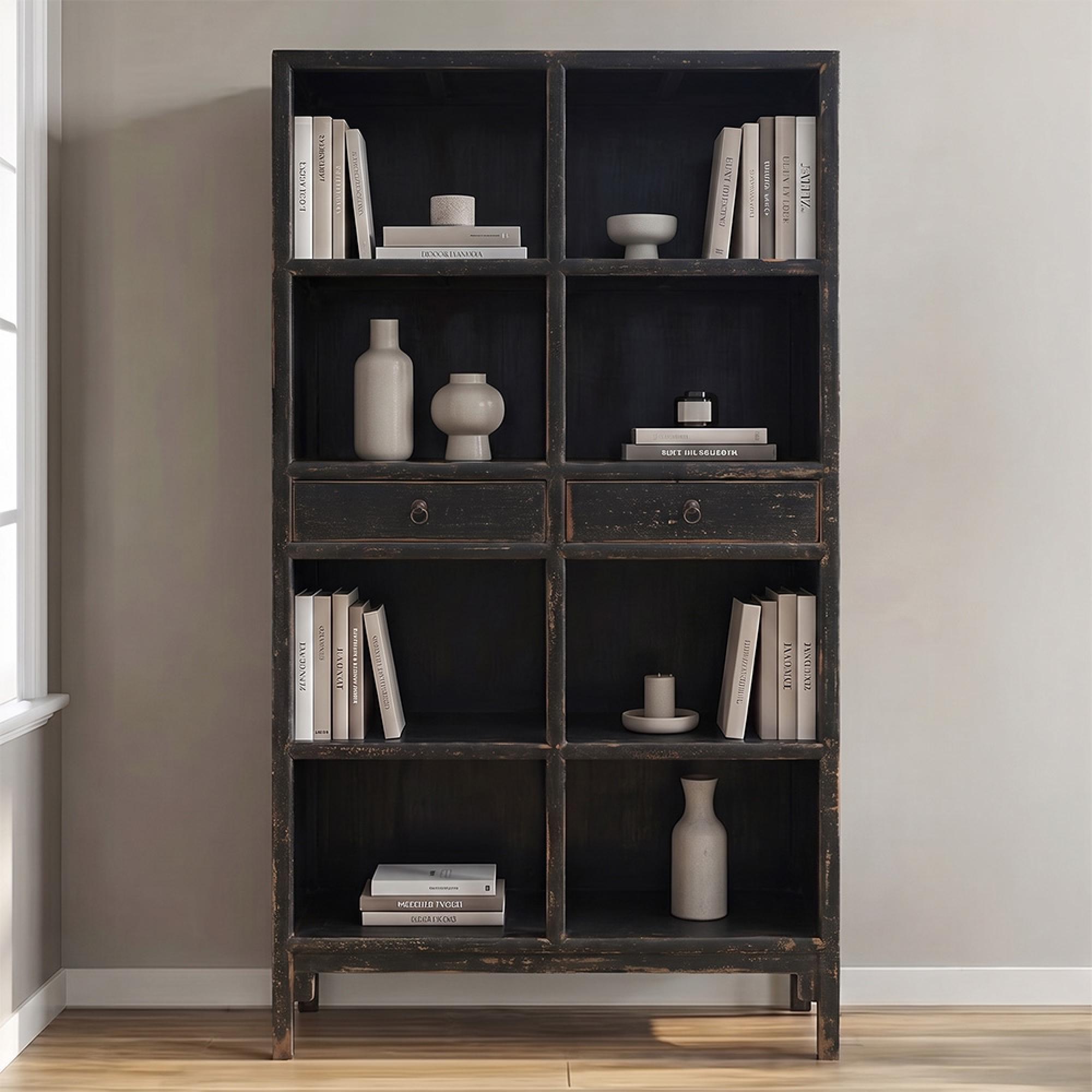 Distressed Bookcase - 2 Drawer - Vintage Black - Wooden