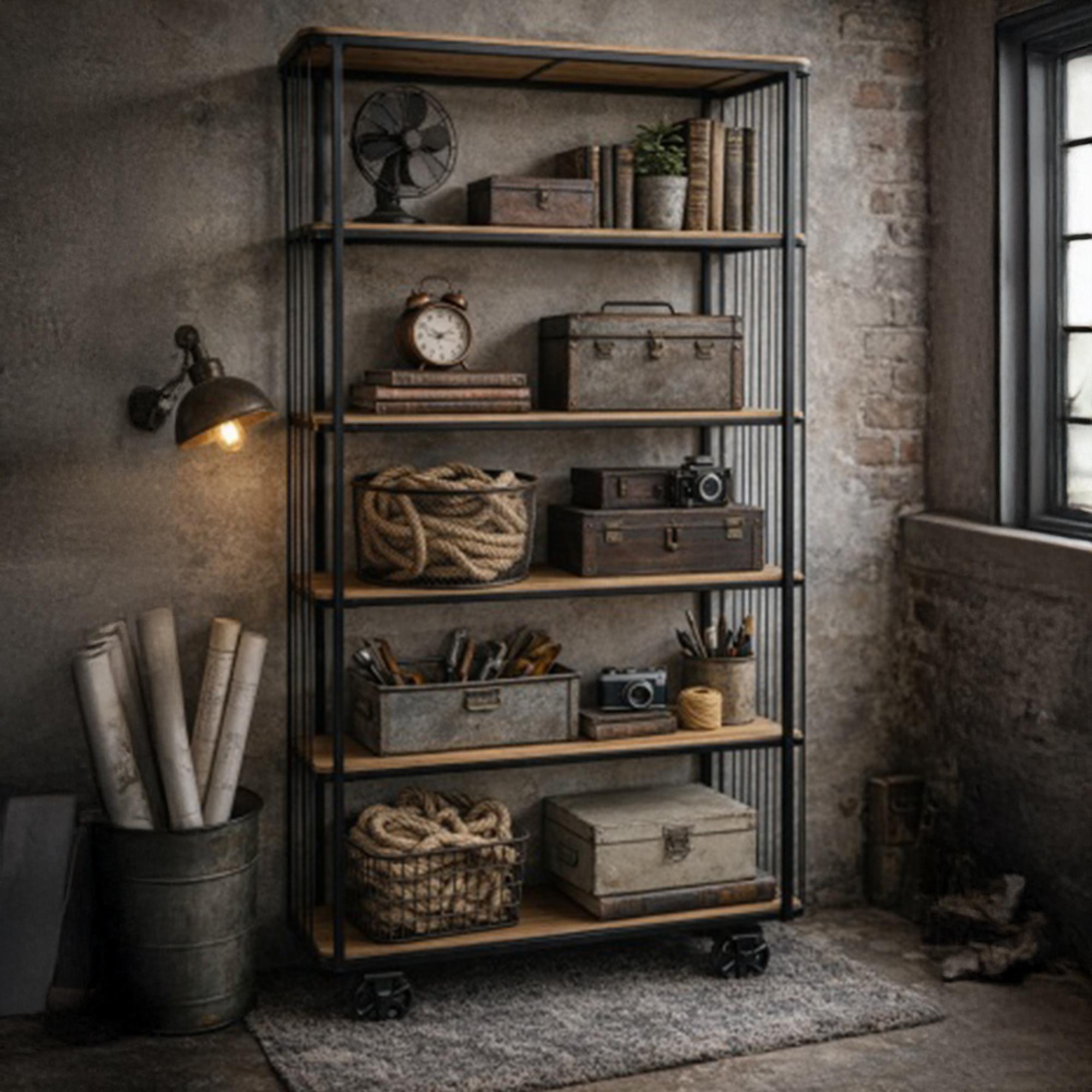Industrial Shelving Unit - Tall - Black - on Wheels - Wood and Metal
