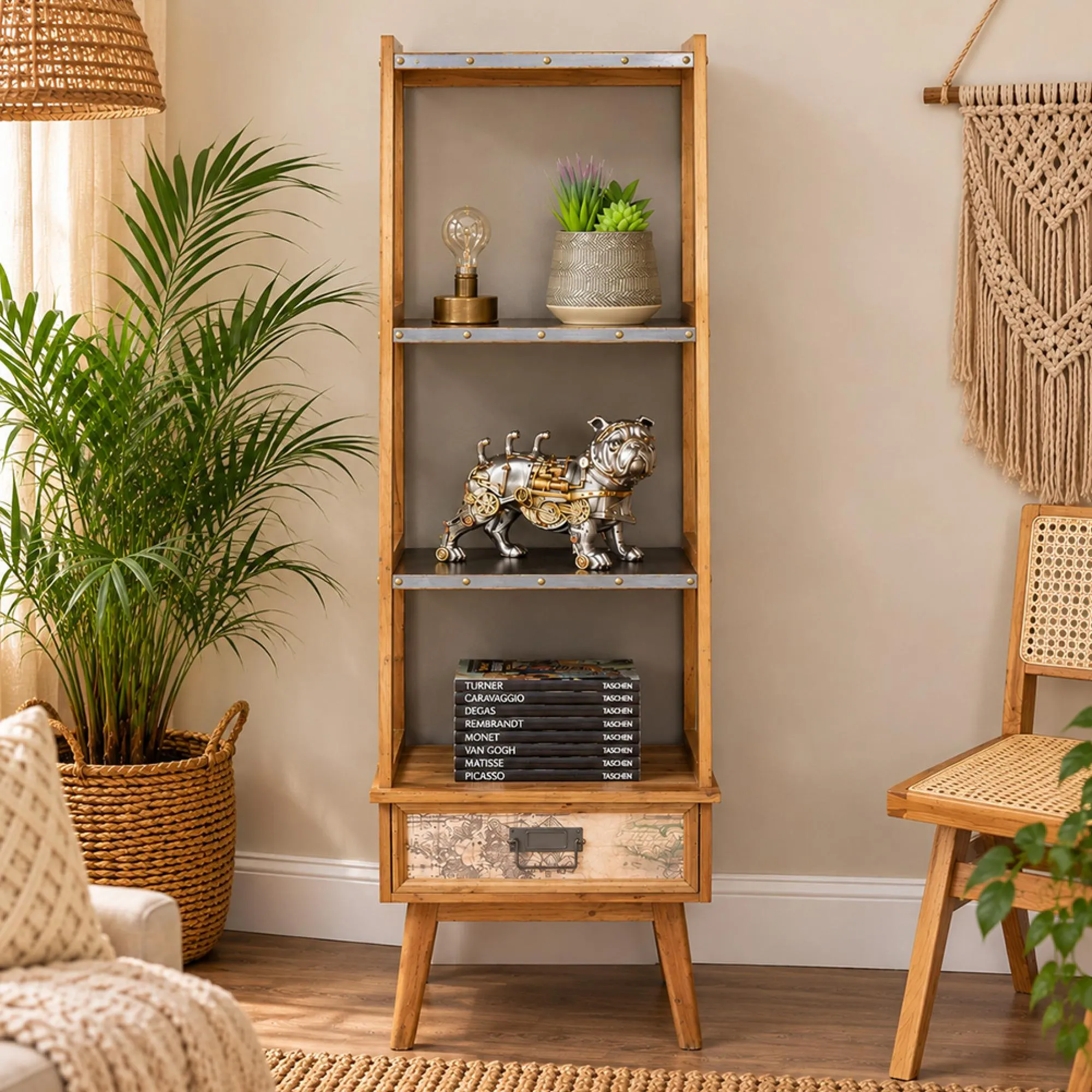 Bookshelf - 1 Drawer - Open - Fir Wood