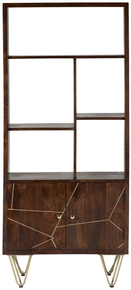 Kaza Bookcase - Hairpin Legs - Gold Geometric Inlay - Dark Mango Wood