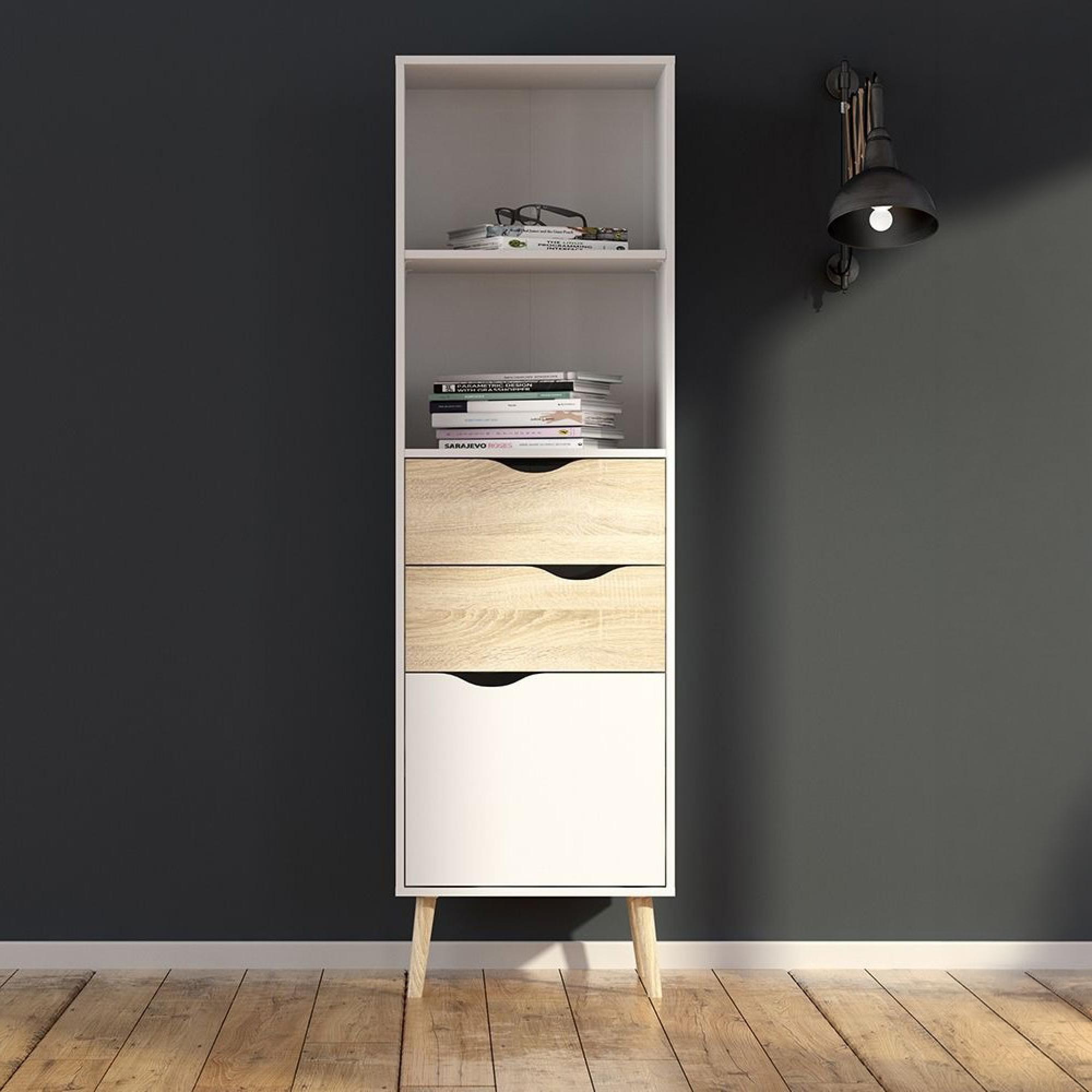 Oslo Bookcase - 1 Door - 2 Drawer - Narrow - White and Oak