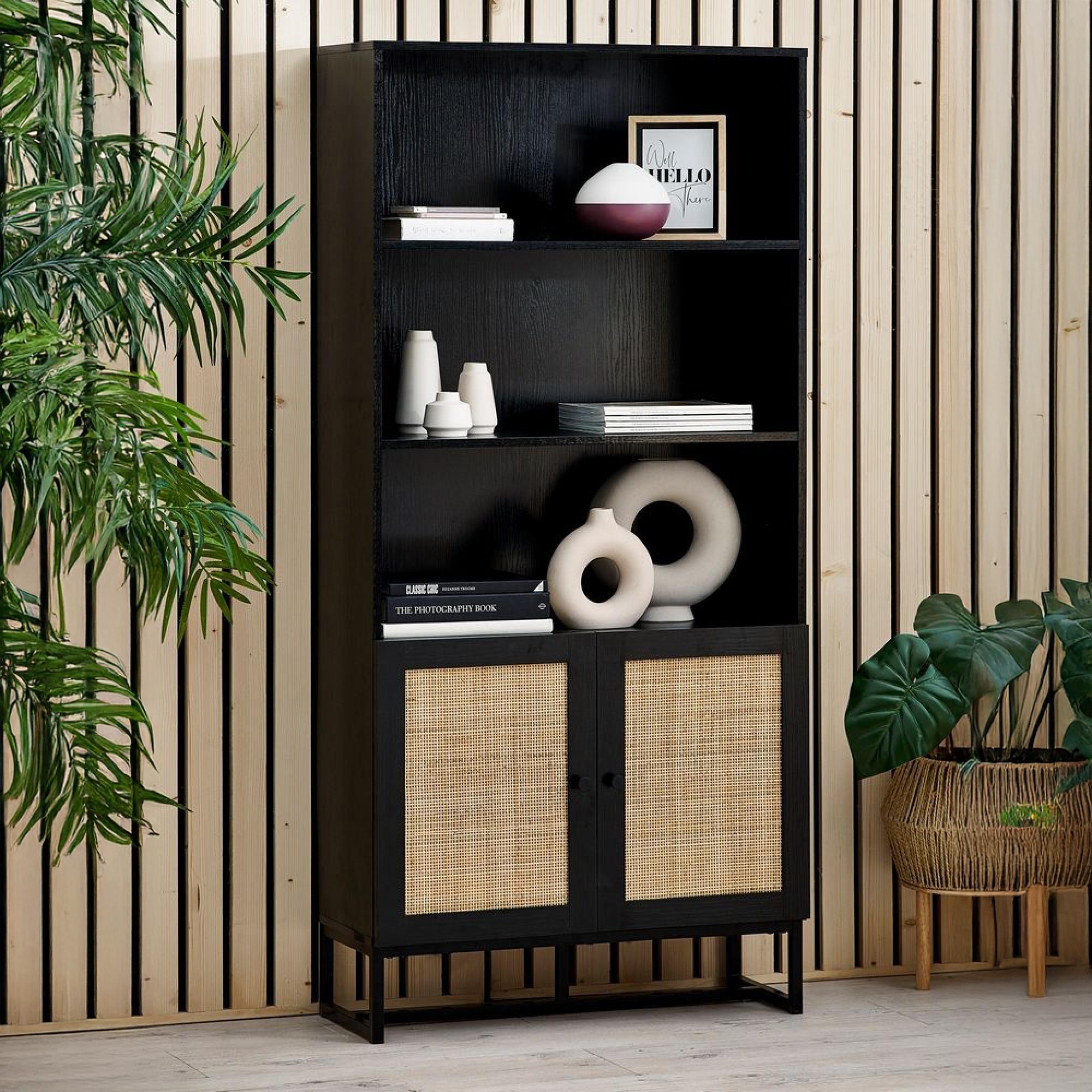 Padstow Bookcase - Black and Rattan