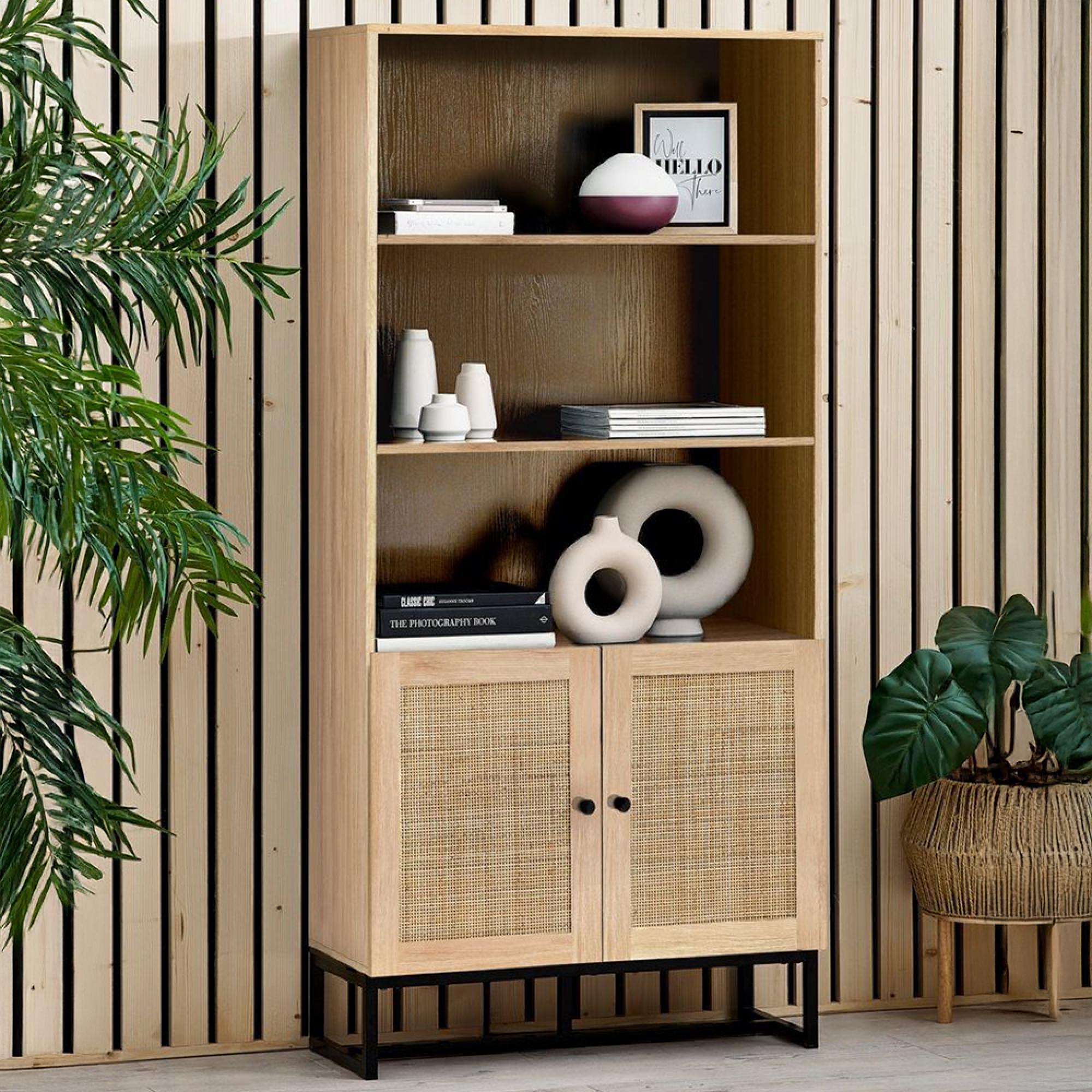 Padstow Bookcase - Oak and Rattan