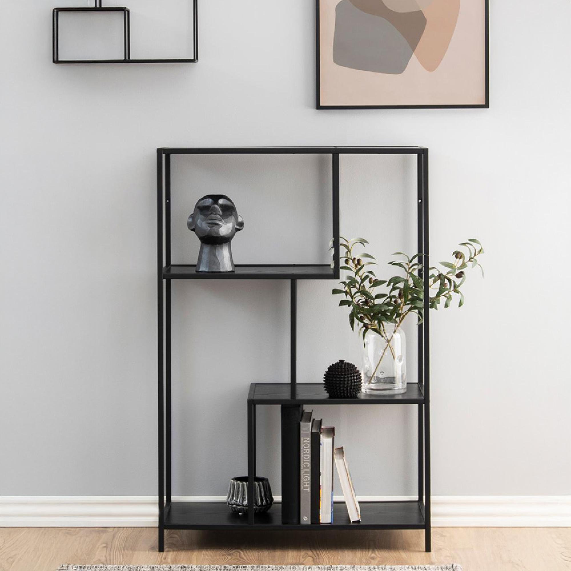 Seaford Bookshelf - Open - Black Melamine and Metal