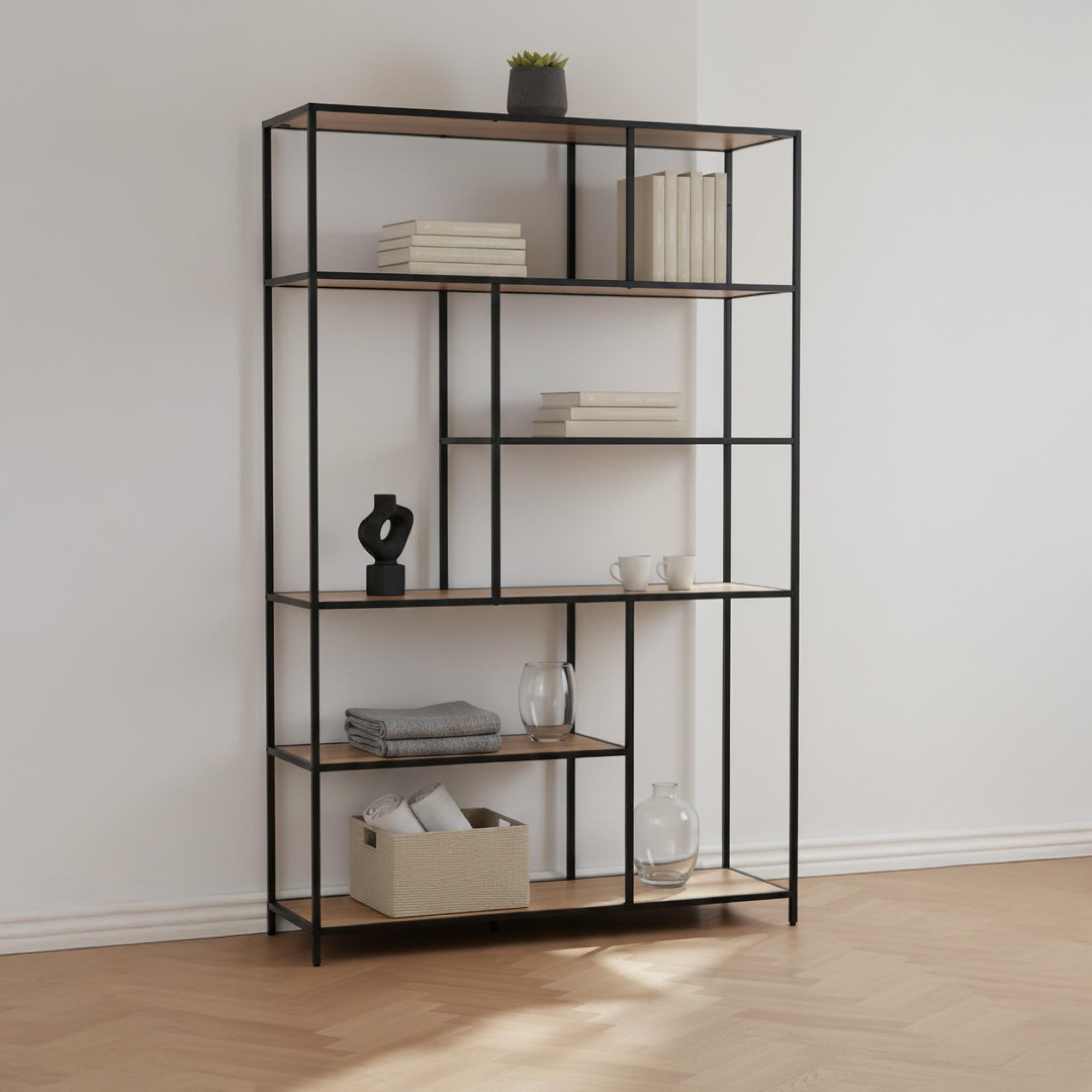 Seaford Shelving Unit - Wide Open - Oak and Black Metal