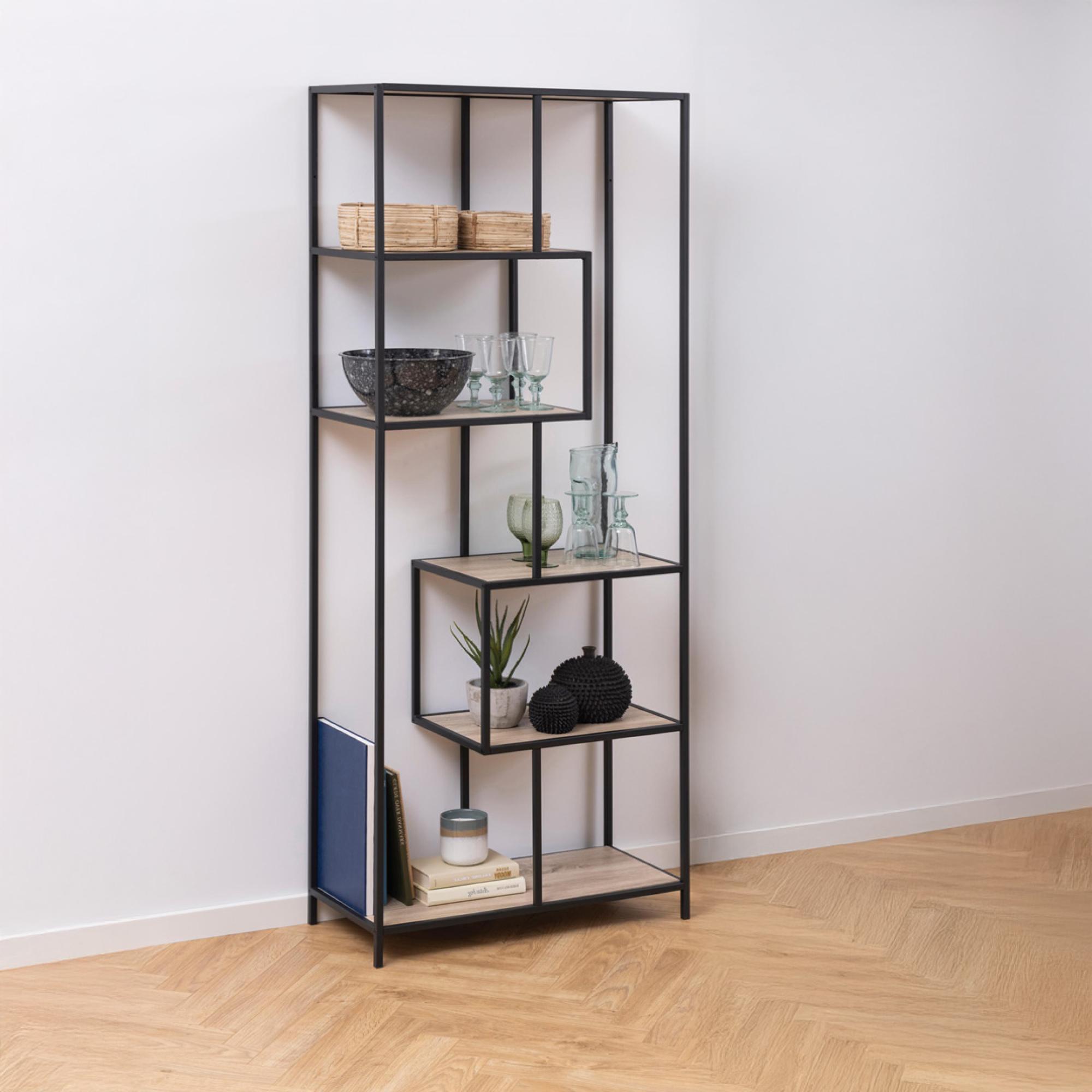 Seaford Bookshelf - Tall Open - Sonoma Oak and Black Metal