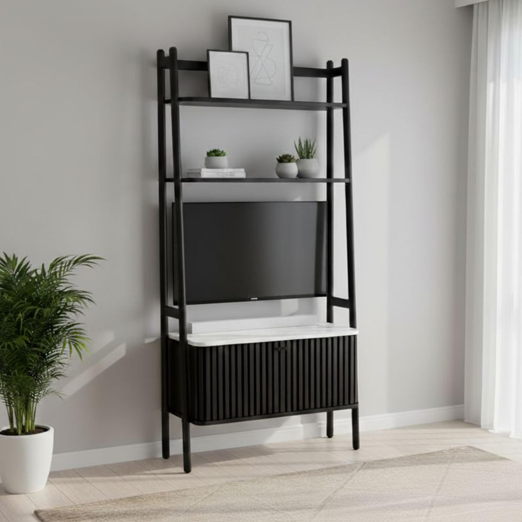 Soho Black Bookcase - 2 Door - Slatted - White Marble Top